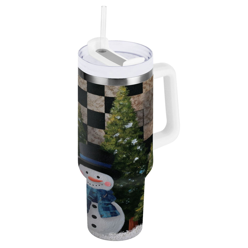 30 oz Insulated Stainless Steel Tumbler Double Wall Stainless Steel Tumbler with 2-Way Drinking Two Snowmen Pattern - E36T