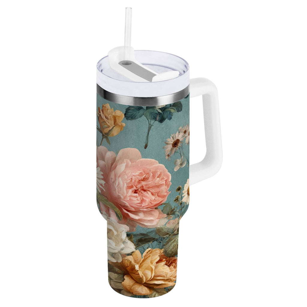 30 oz Insulated Stainless Steel Tumbler Double Wall Stainless Steel Tumbler with 2-Way Drinking Vintage Roses and Peonies - VM94