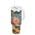 30 oz Insulated Stainless Steel Tumbler Double Wall Stainless Steel Tumbler with 2-Way Drinking Vintage Roses and Peonies - VM94