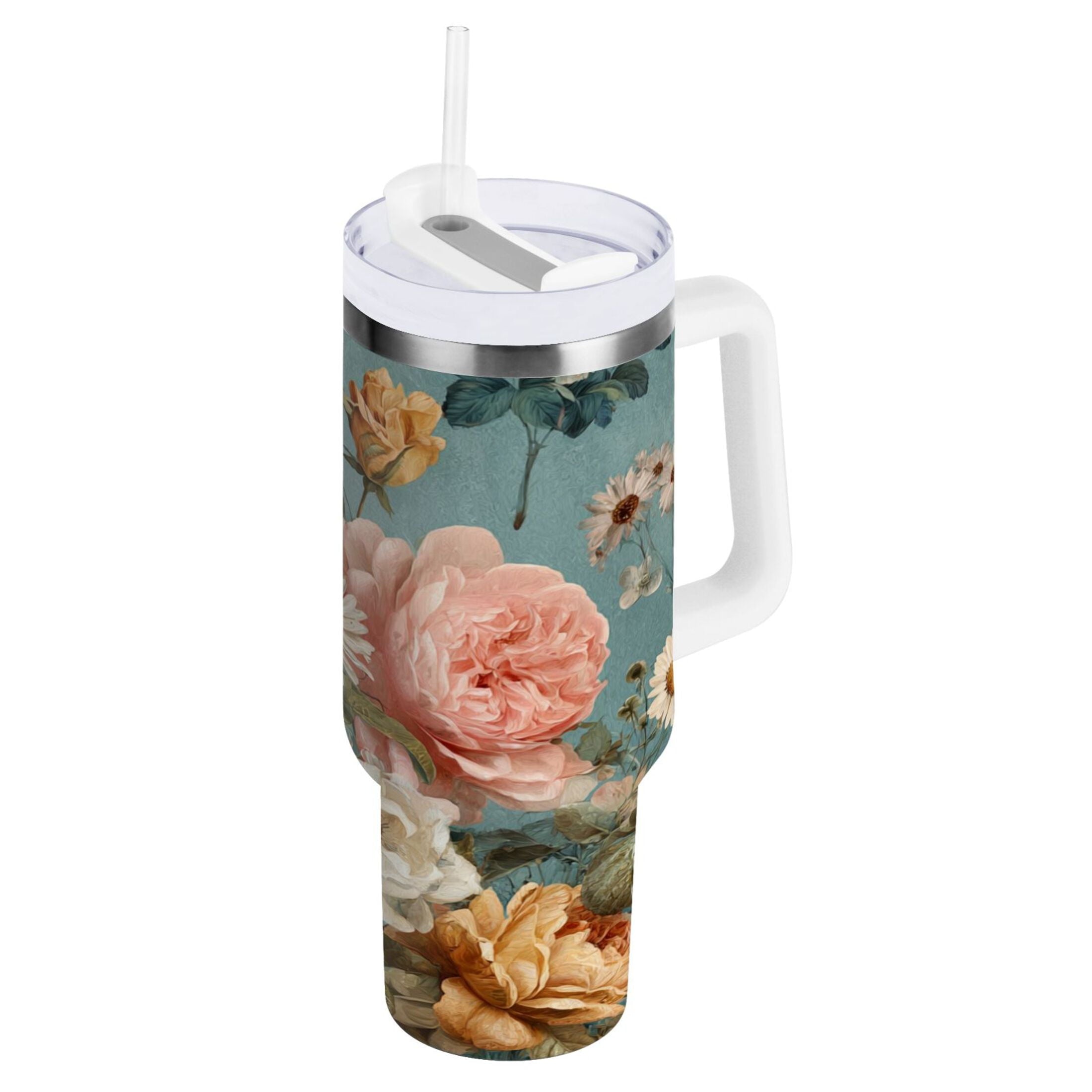 30 oz Insulated Stainless Steel Tumbler Double Wall Stainless Steel Tumbler with 2-Way Drinking Vintage Roses and Peonies - VM94