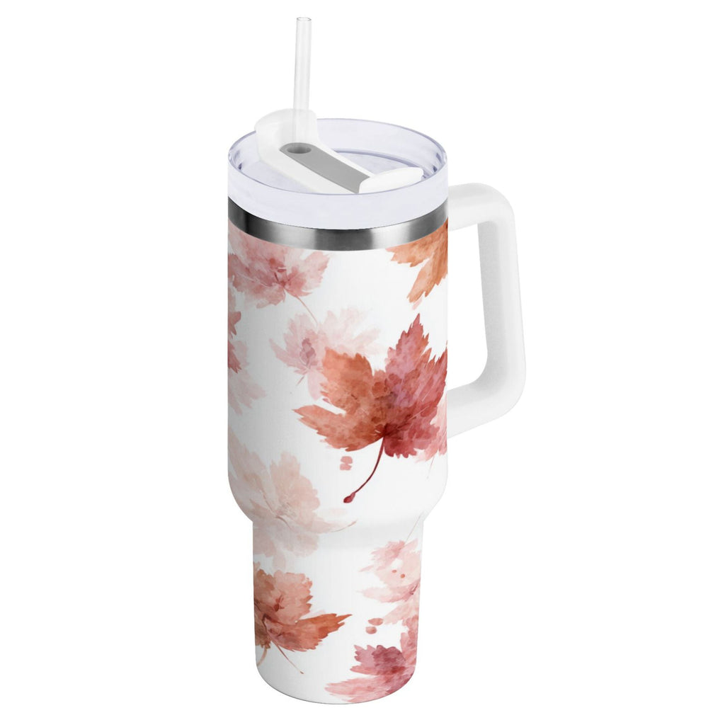 30 oz Insulated Stainless Steel Tumbler Double Wall Stainless Steel Tumbler with 2-Way Drinking Watercolor Pink Maple Leaves - 4TKM