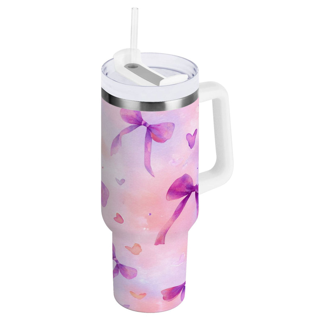 30 oz Insulated Stainless Steel Tumbler Double Wall Stainless Steel Tumbler with 2-Way Drinking Watercolor Purple Bows - X6M9