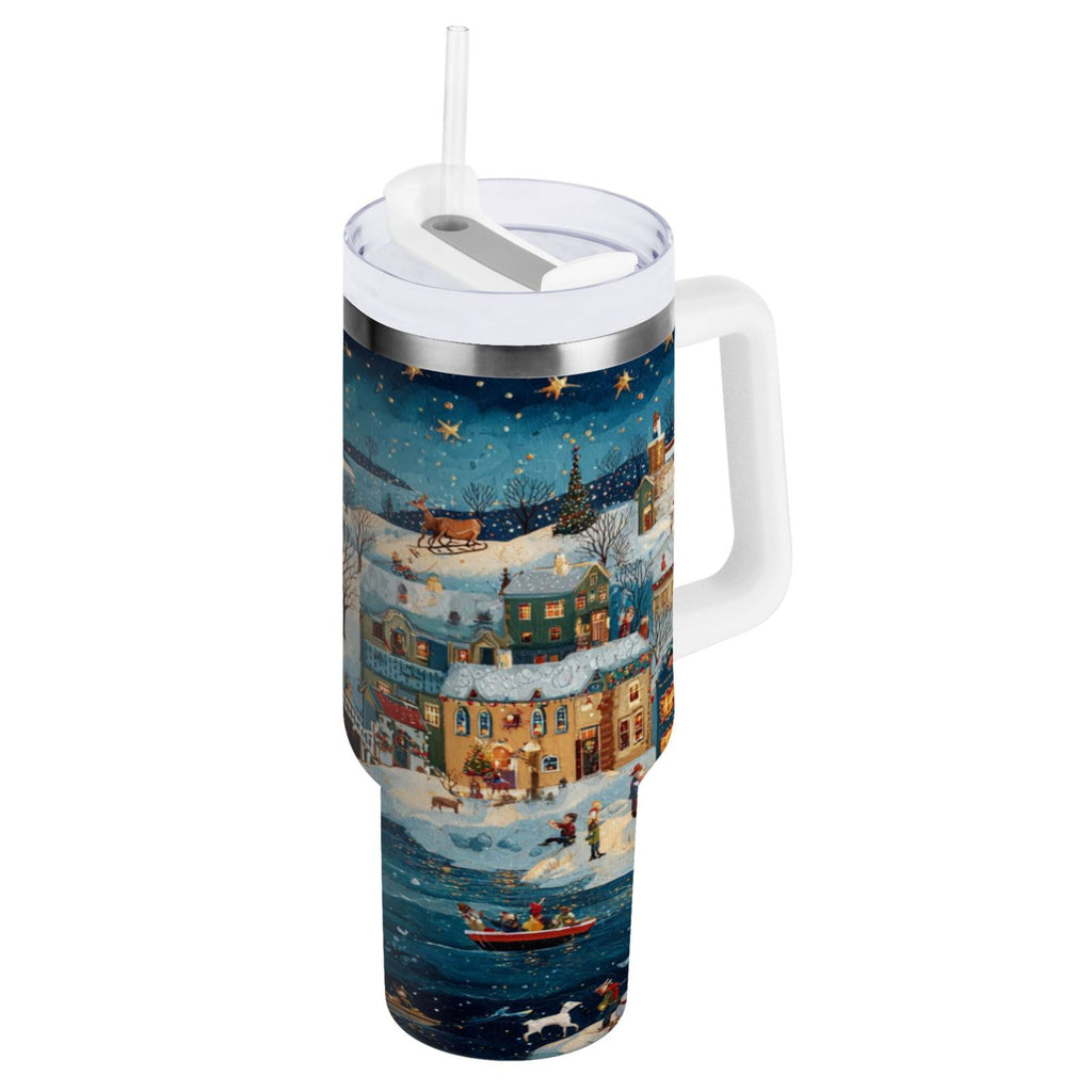 30 oz Insulated Stainless Steel Tumbler Double Wall Stainless Steel Tumbler with 2-Way Drinking Whimsical Christmas Scene - JRE3