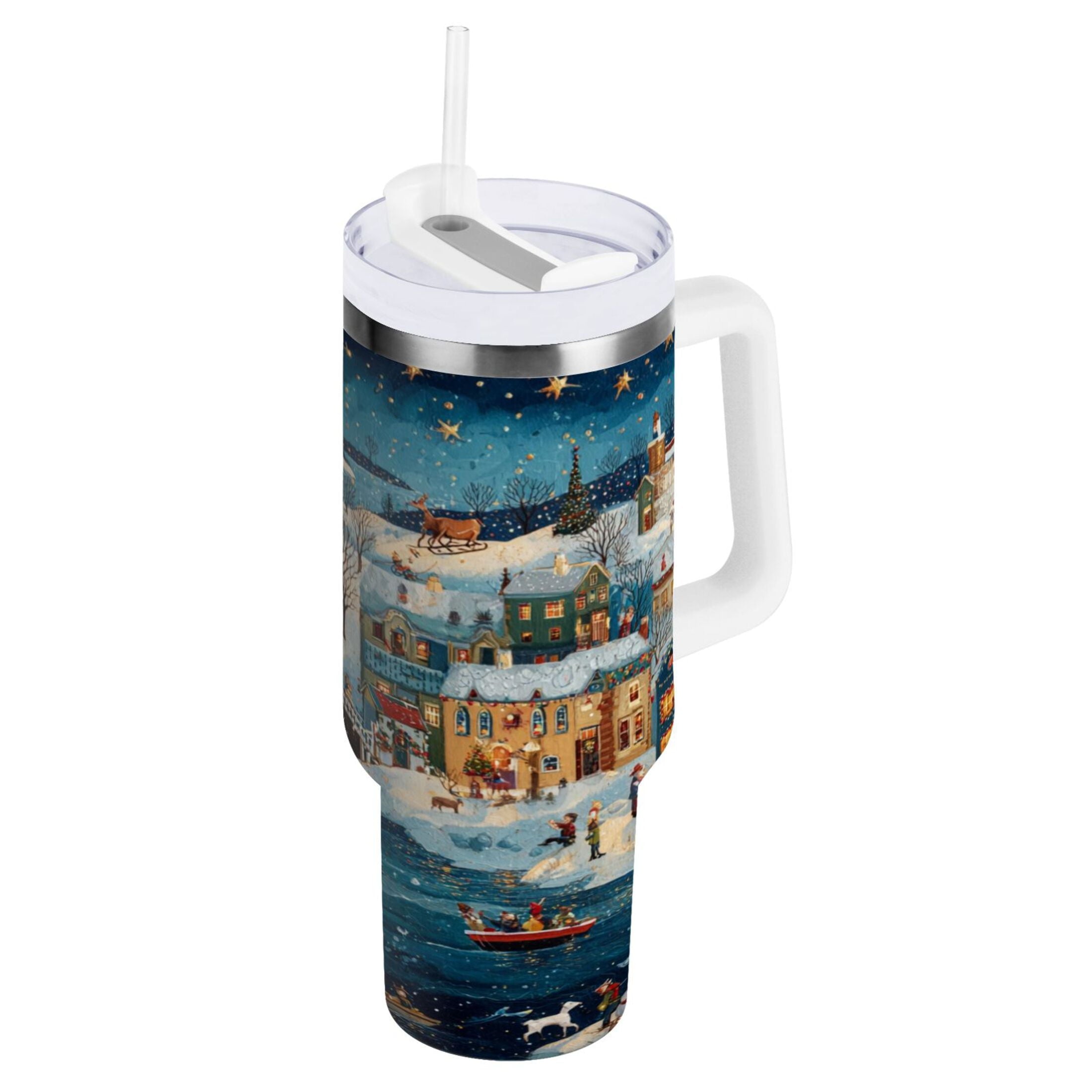 30 oz Insulated Stainless Steel Tumbler Double Wall Stainless Steel Tumbler with 2-Way Drinking Whimsical Christmas Scene - JRE3