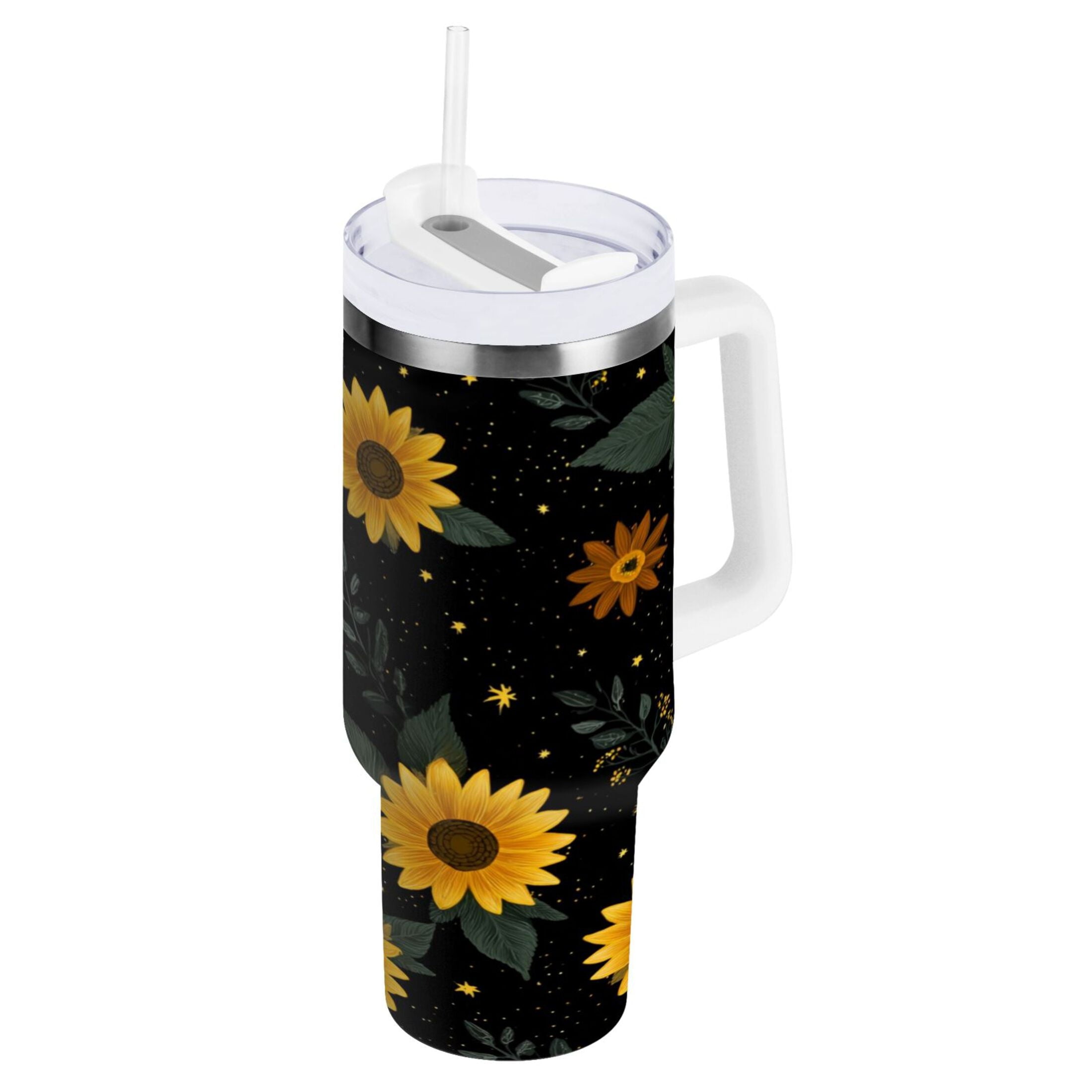 30 oz Insulated Stainless Steel Tumbler Double Wall Stainless Steel Tumbler with 2-Way Drinking Yellow Sunflower Pattern - SSJR