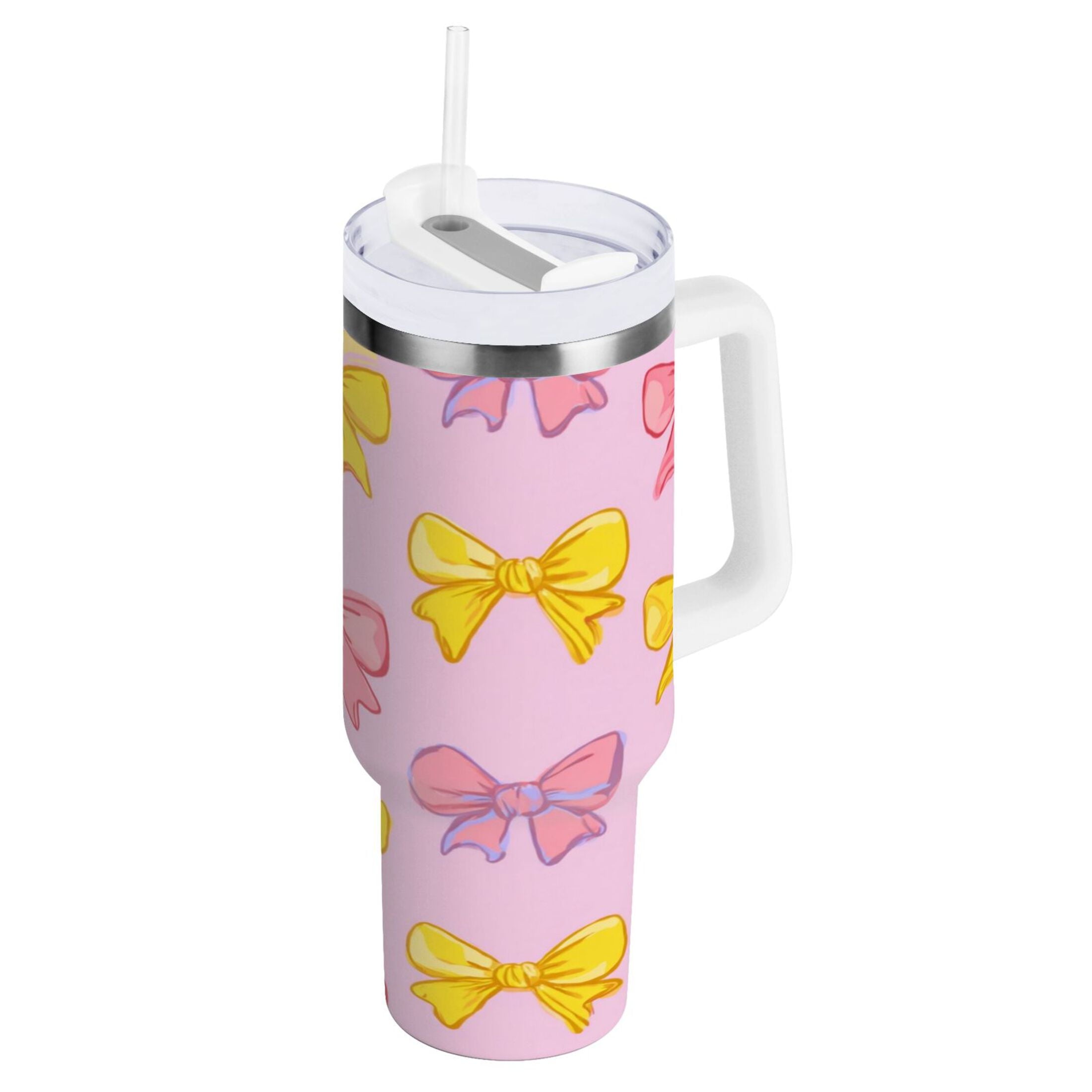 30 oz Insulated Stainless Steel Tumbler Double Wall Stainless Steel Tumbler with 2-Way Drinking Yellow and Pink Bows - 59JK