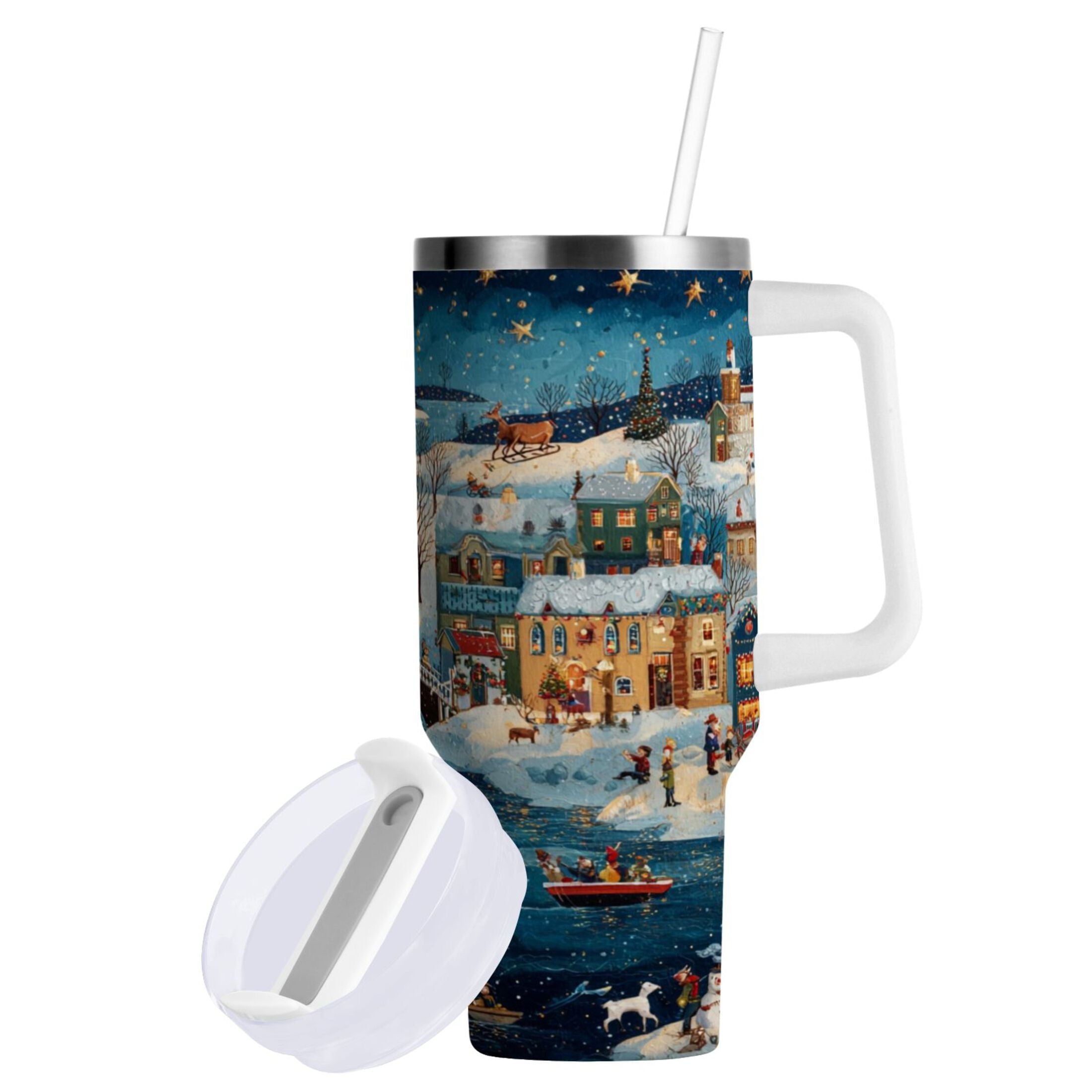 30 oz Insulated Stainless Steel Tumbler Double Wall Stainless Steel Tumbler with 2-Way Drinking Whimsical Christmas Scene - JRE3