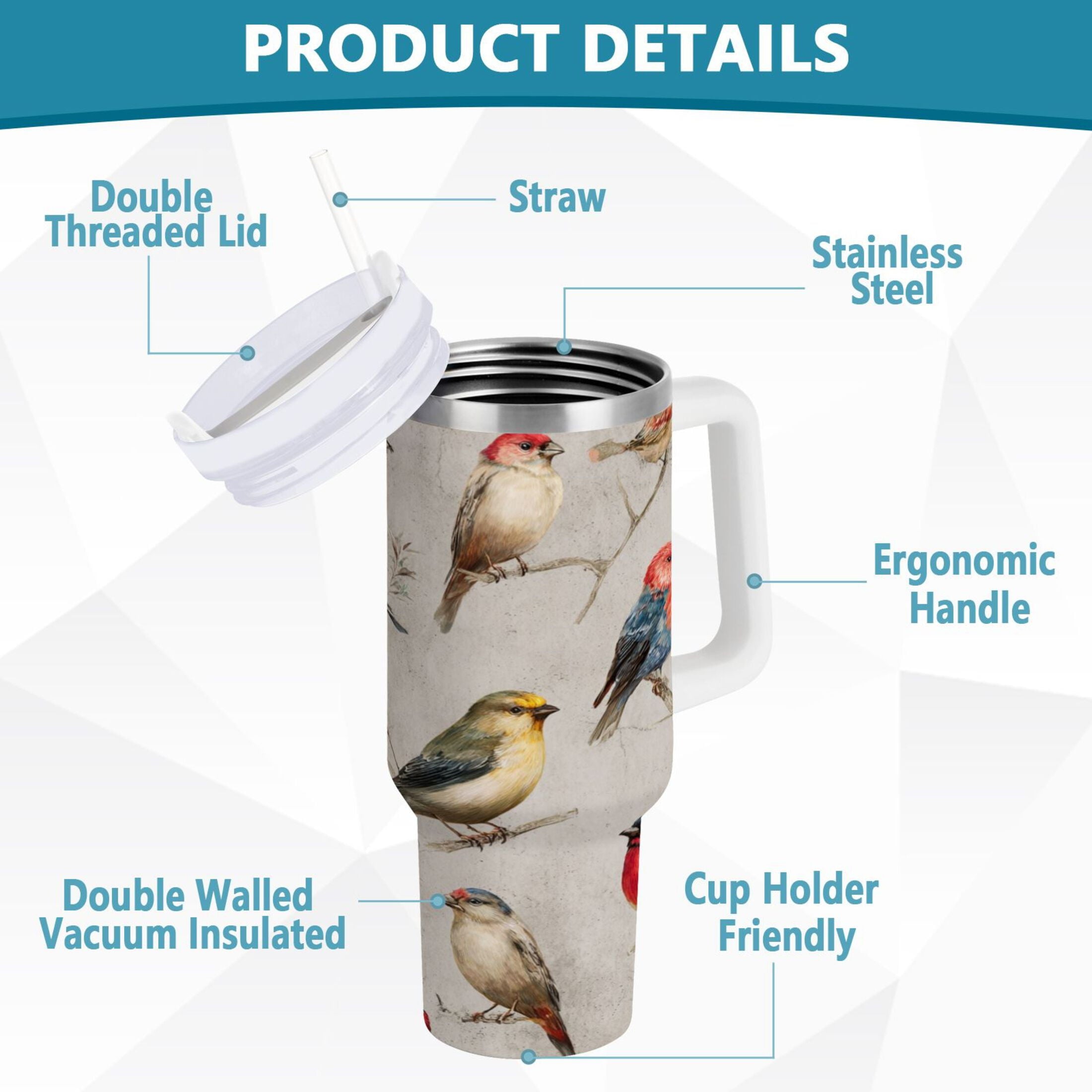 40 oz Insulated Stainless Steel Tumbler Double Wall Stainless Steel Tumbler with 2-Way Drinking Birds Pattern - AKAL