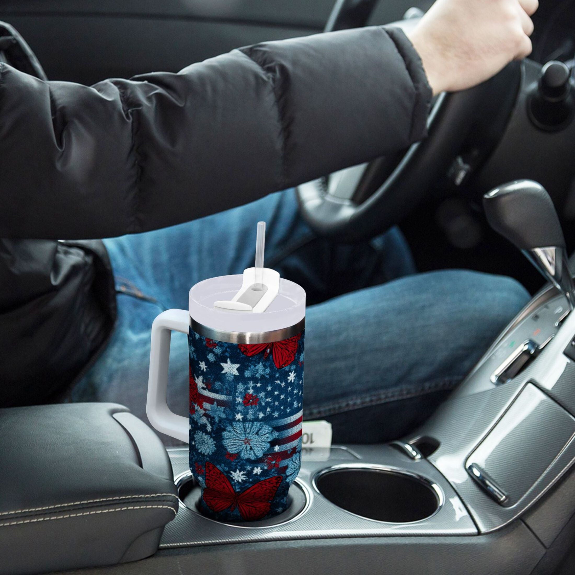 30 oz Insulated Stainless Steel Tumbler Double Wall Stainless Steel Tumbler with 2-Way Drinking Red Butterflies and Flags - TXBH