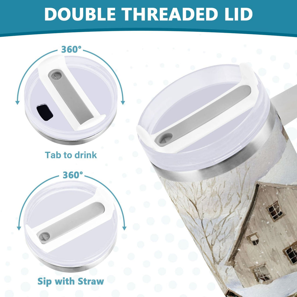 40 oz Insulated Stainless Steel Tumbler Double Wall Stainless Steel Tumbler with 2-Way Drinking Farm Snow Scene - 7ZPX