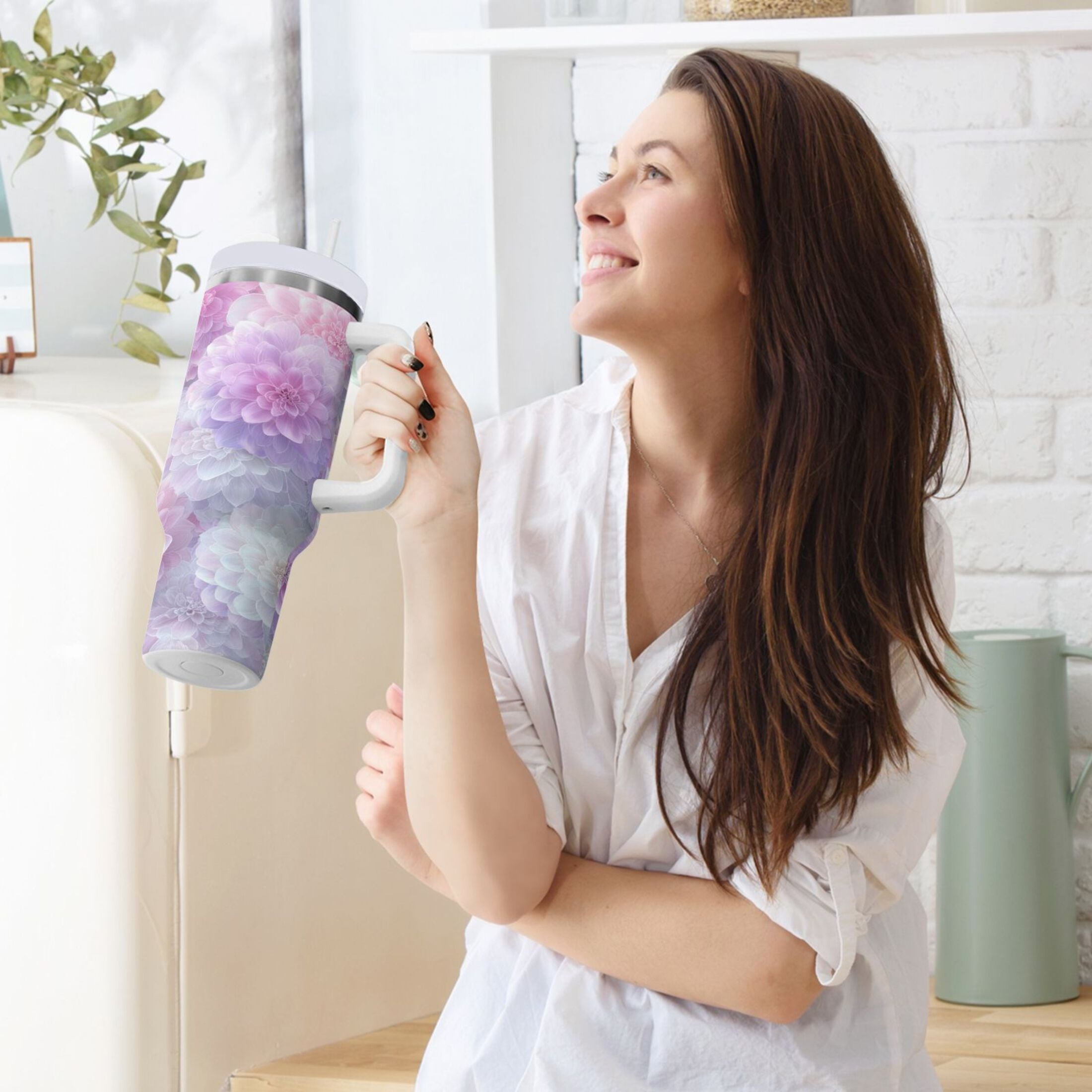30 oz Insulated Stainless Steel Tumbler Double Wall Stainless Steel Tumbler with 2-Way Drinking Cute Pastel Watercolor Floral - K66X