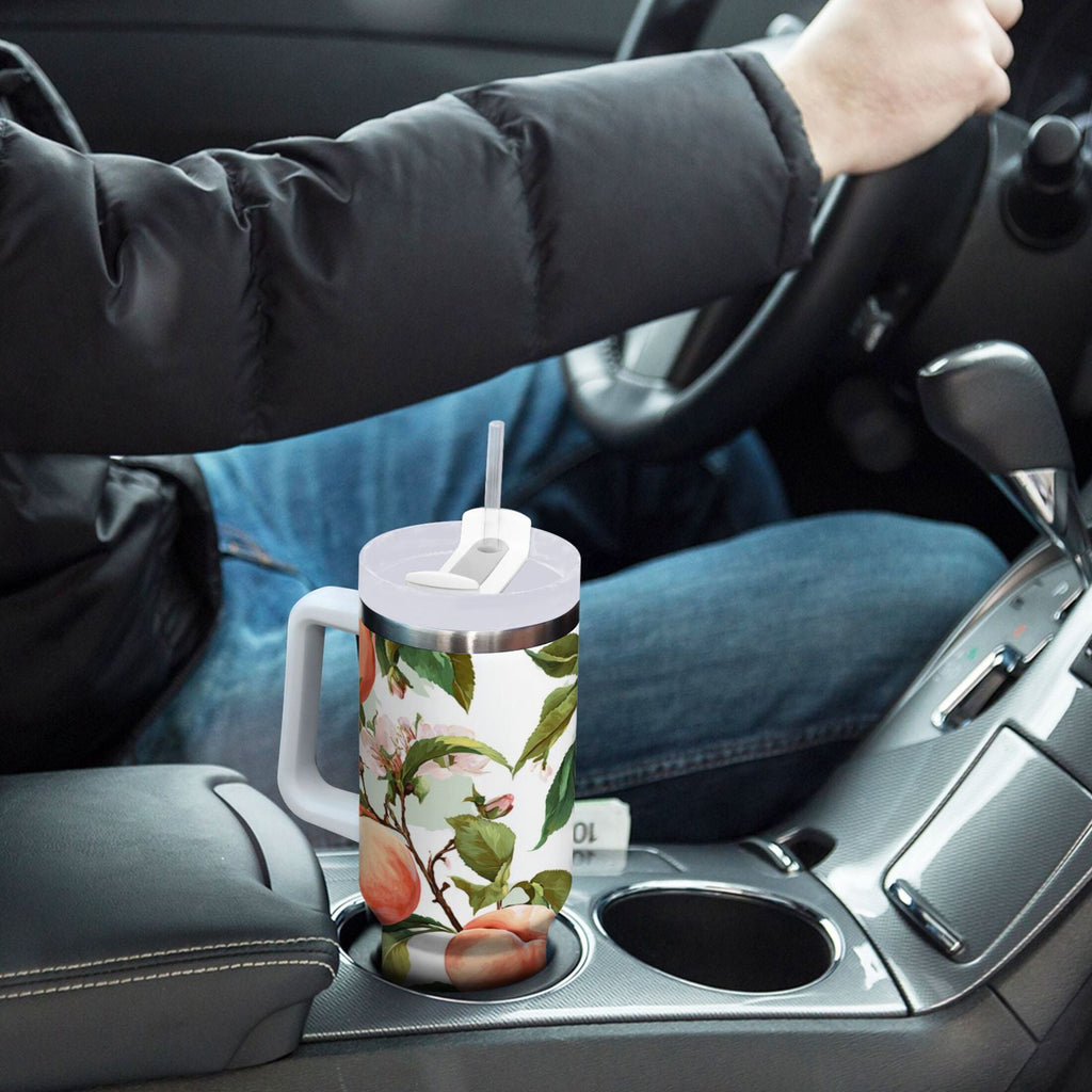 30 oz Insulated Stainless Steel Tumbler Double Wall Stainless Steel Tumbler with 2-Way Drinking Peach Fruit Pattern - YDEP