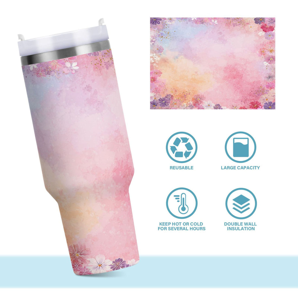 30 oz Insulated Stainless Steel Tumbler Double Wall Stainless Steel Tumbler with 2-Way Drinking Colorful Pastel Floral Pattern - P9LX