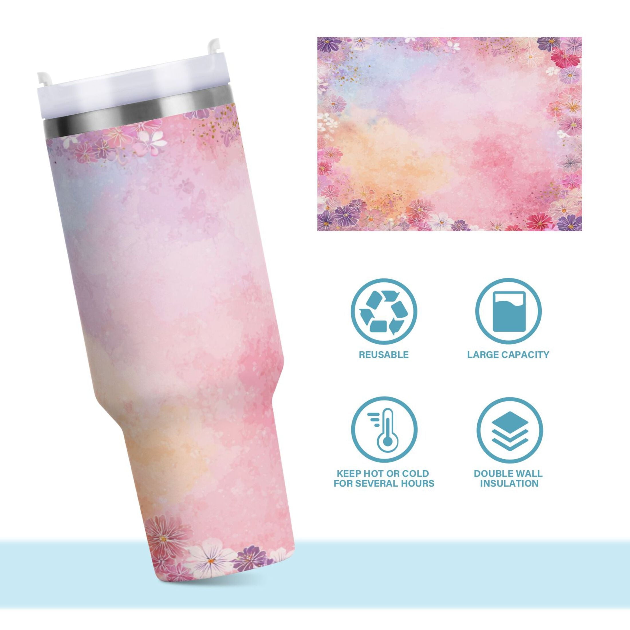 30 oz Insulated Stainless Steel Tumbler Double Wall Stainless Steel Tumbler with 2-Way Drinking Colorful Pastel Floral Pattern - P9LX