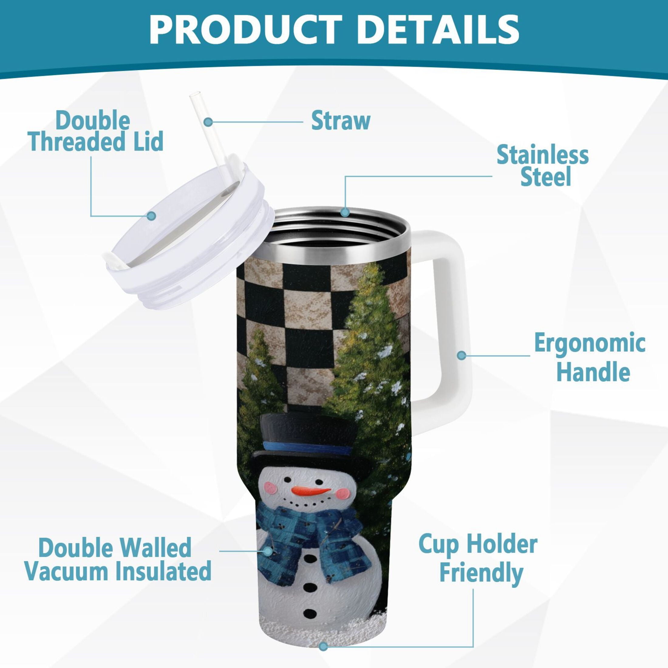 30 oz Insulated Stainless Steel Tumbler Double Wall Stainless Steel Tumbler with 2-Way Drinking Two Snowmen Pattern - E36T