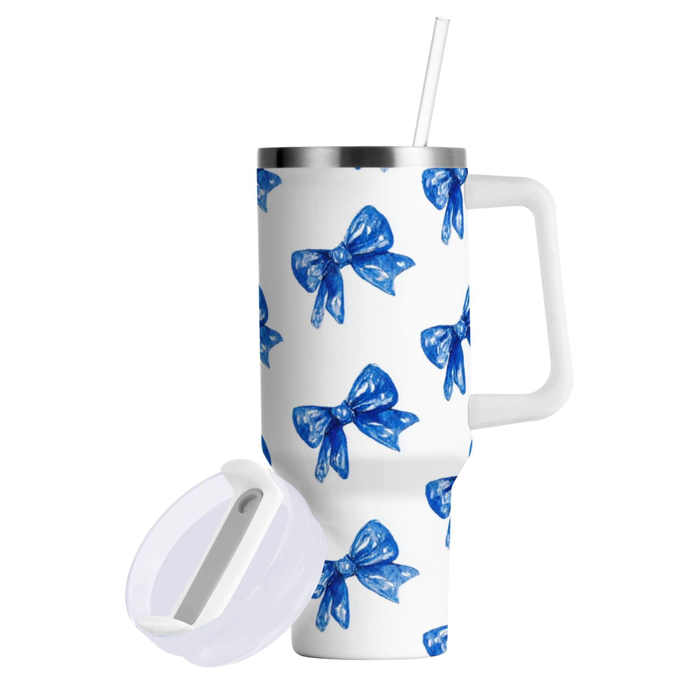 30 oz Insulated Stainless Steel Tumbler Double Wall Stainless Steel Tumbler with 2-Way Drinking Blue Bows Pattern - AZAX