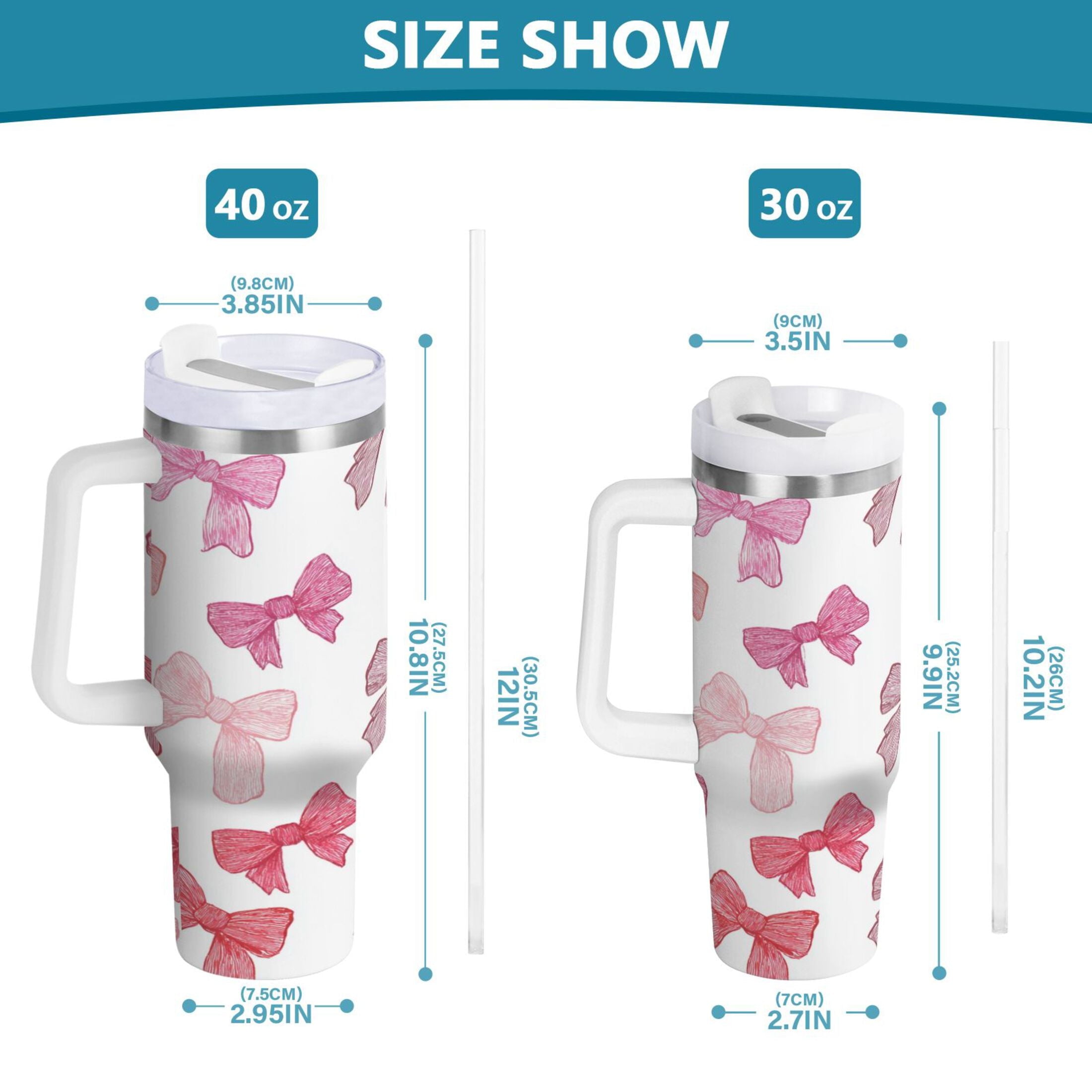 40 oz Insulated Stainless Steel Tumbler Double Wall Stainless Steel Tumbler with 2-Way Drinking Pink Bows Pattern - ENMN