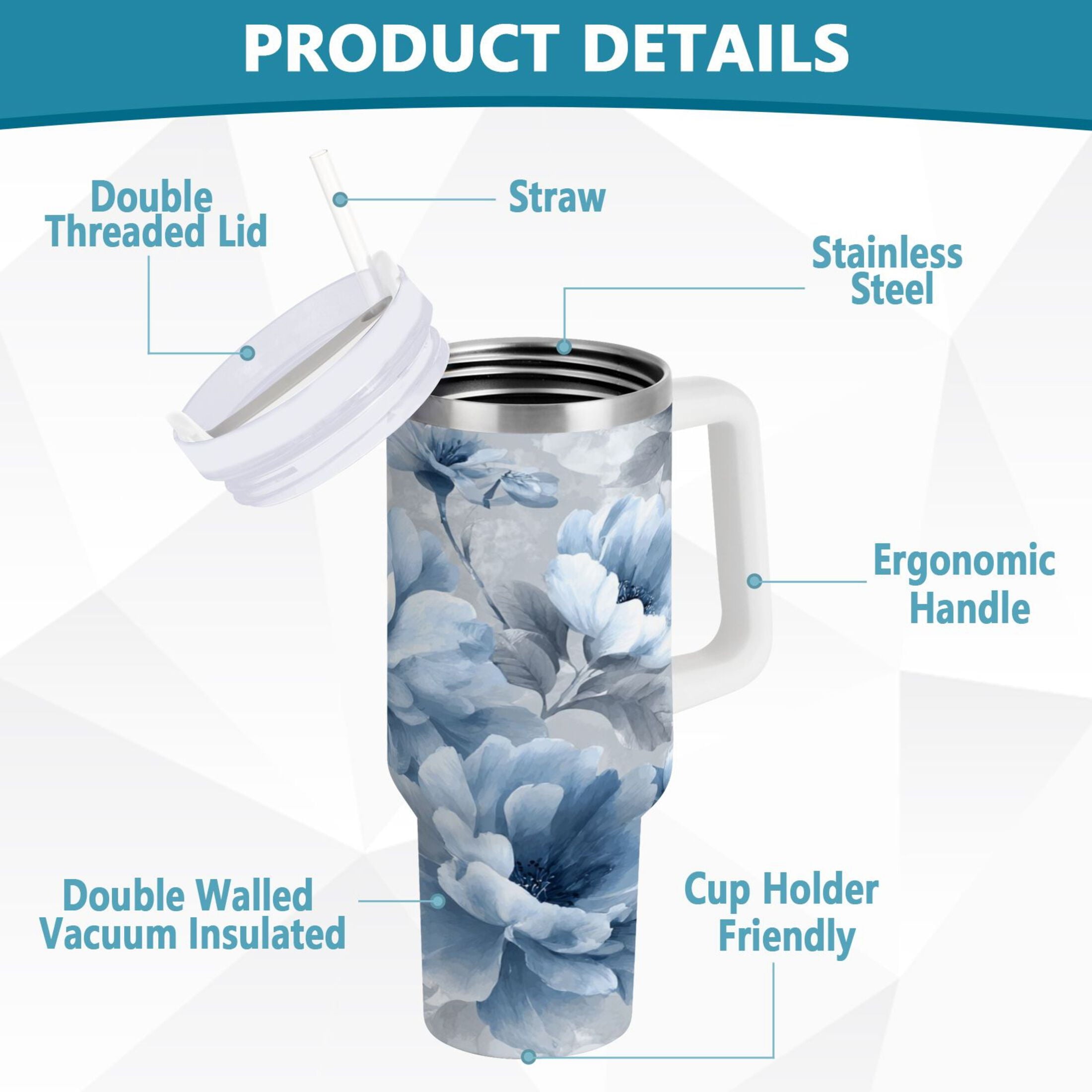 40 oz Insulated Stainless Steel Tumbler Double Wall Stainless Steel Tumbler with 2-Way Drinking White Floral Pattern - 7GDW