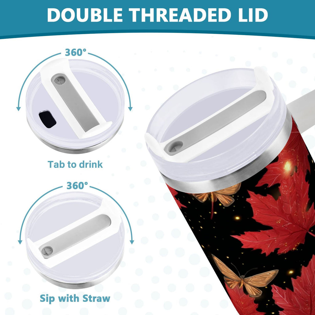 40 oz Insulated Stainless Steel Tumbler Double Wall Stainless Steel Tumbler with 2-Way Drinking Maple Leaves and Fireflies - 36E9