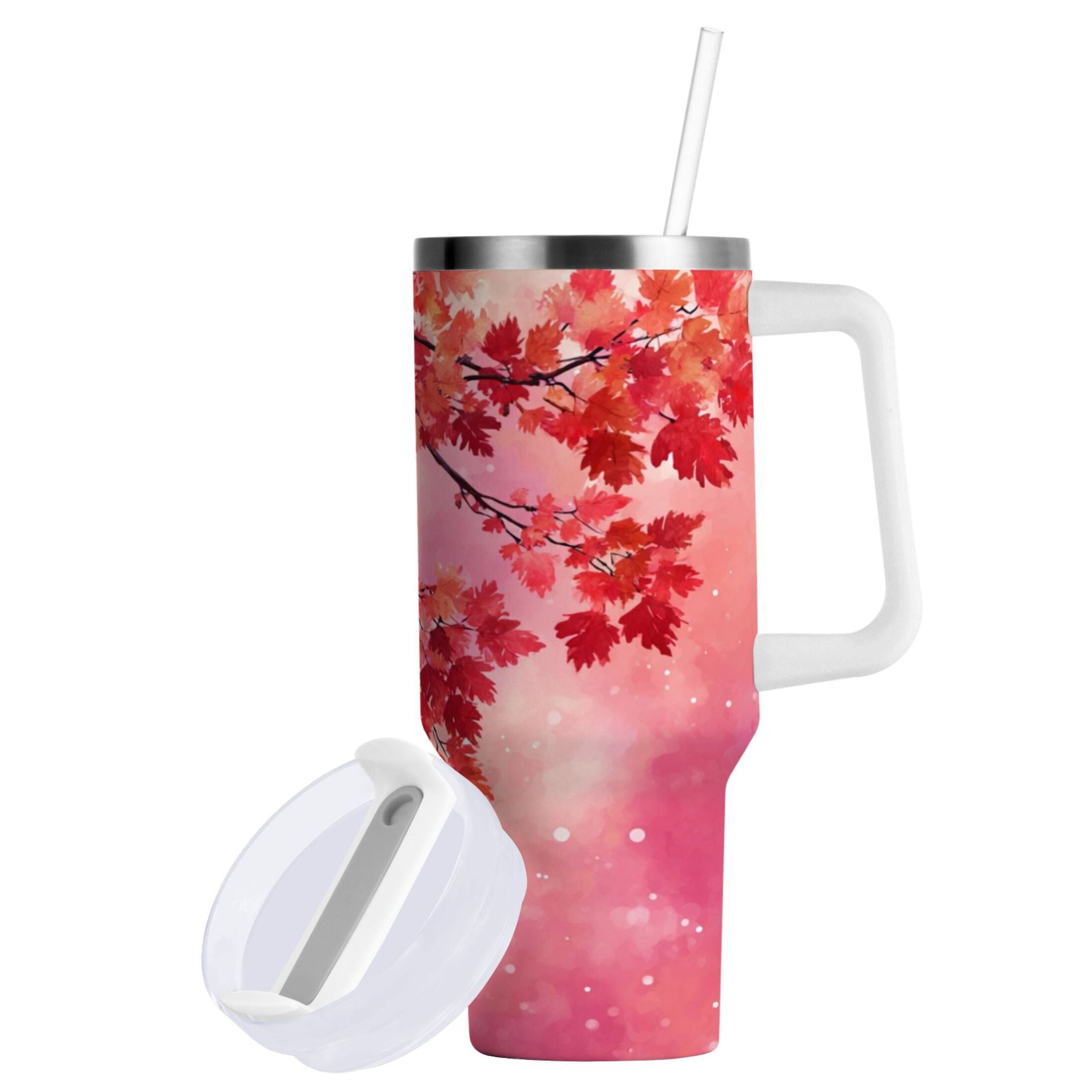 30 oz Insulated Stainless Steel Tumbler Double Wall Stainless Steel Tumbler with 2-Way Drinking Watercolor Red Maple Leaves - 55PY
