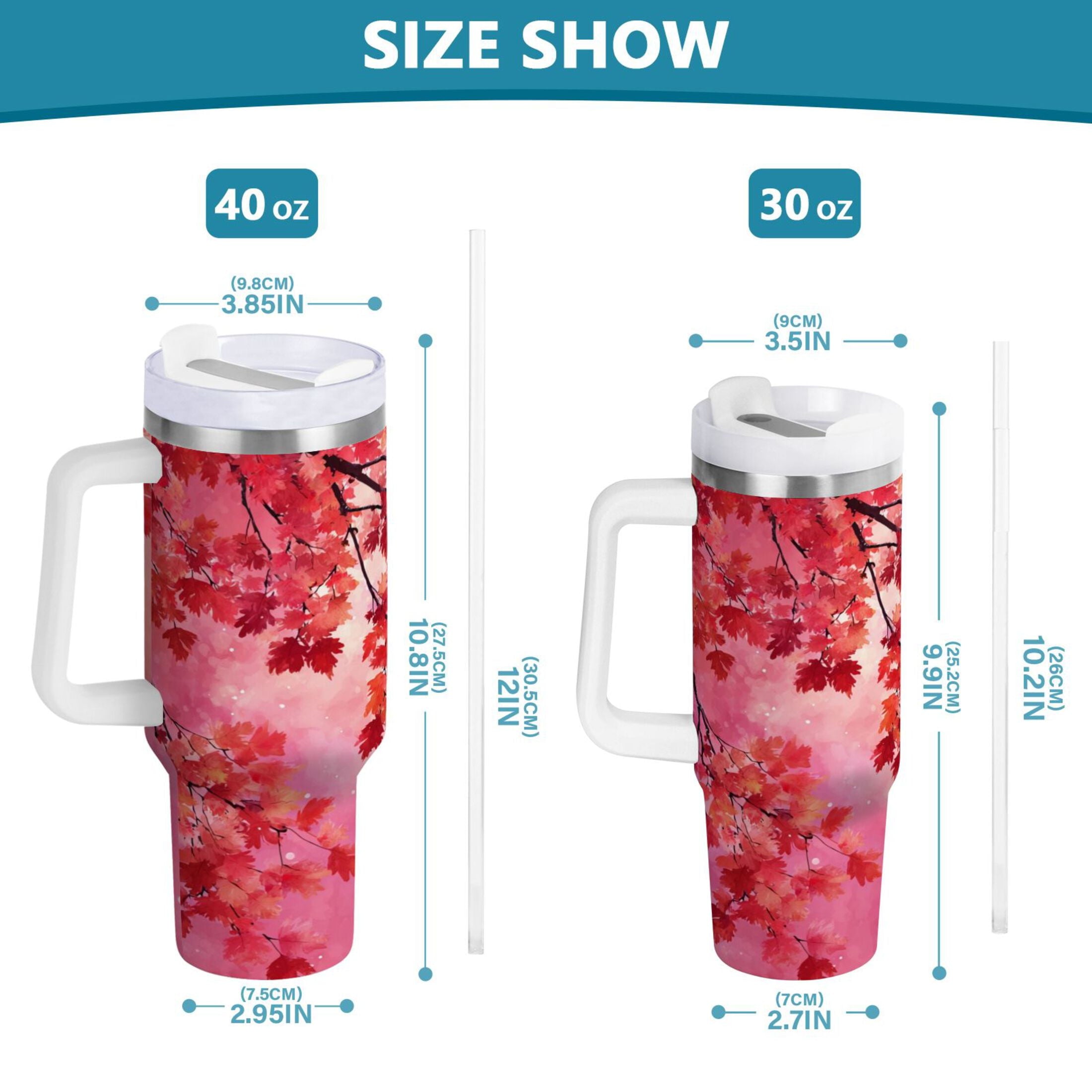 30 oz Insulated Stainless Steel Tumbler Double Wall Stainless Steel Tumbler with 2-Way Drinking Watercolor Red Maple Leaves - 55PY