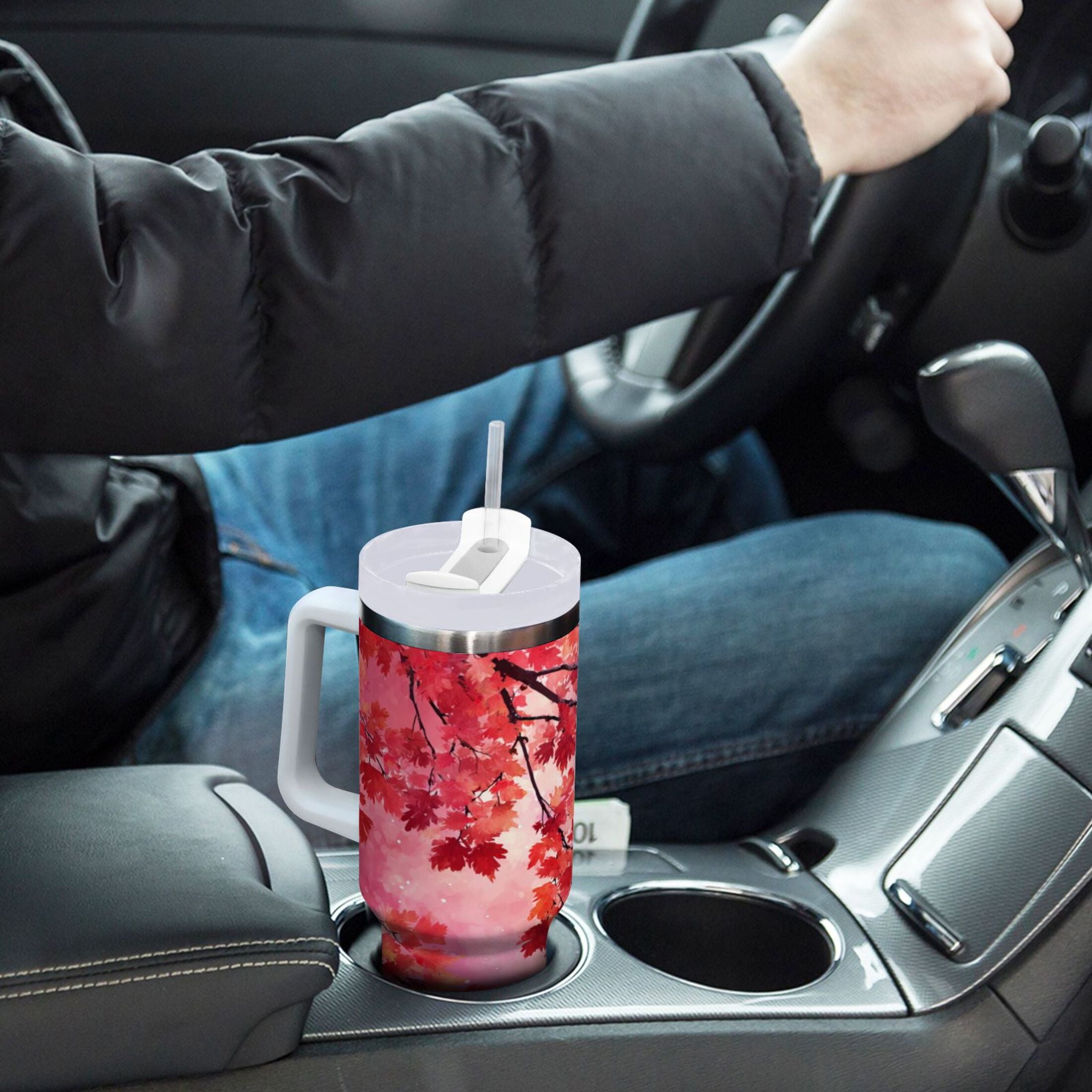 30 oz Insulated Stainless Steel Tumbler Double Wall Stainless Steel Tumbler with 2-Way Drinking Watercolor Red Maple Leaves - 55PY