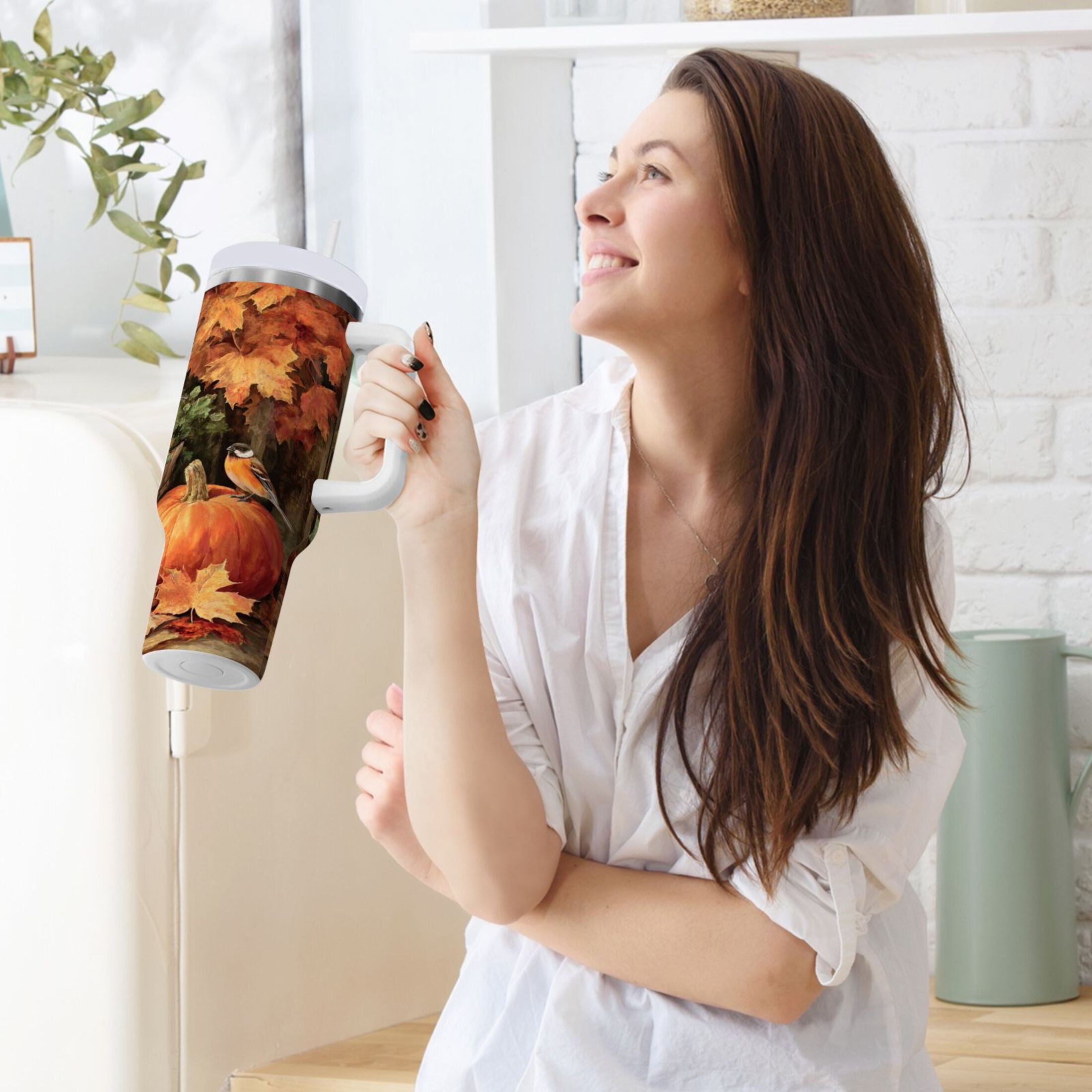 30 oz Insulated Stainless Steel Tumbler Double Wall Stainless Steel Tumbler with 2-Way Drinking Beautiful Fall Scene - J5KD