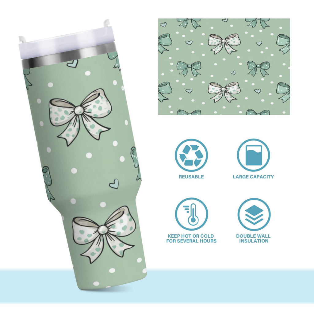 30 oz Insulated Stainless Steel Tumbler Double Wall Stainless Steel Tumbler with 2-Way Drinking Green and Mint Bows - 8TP6