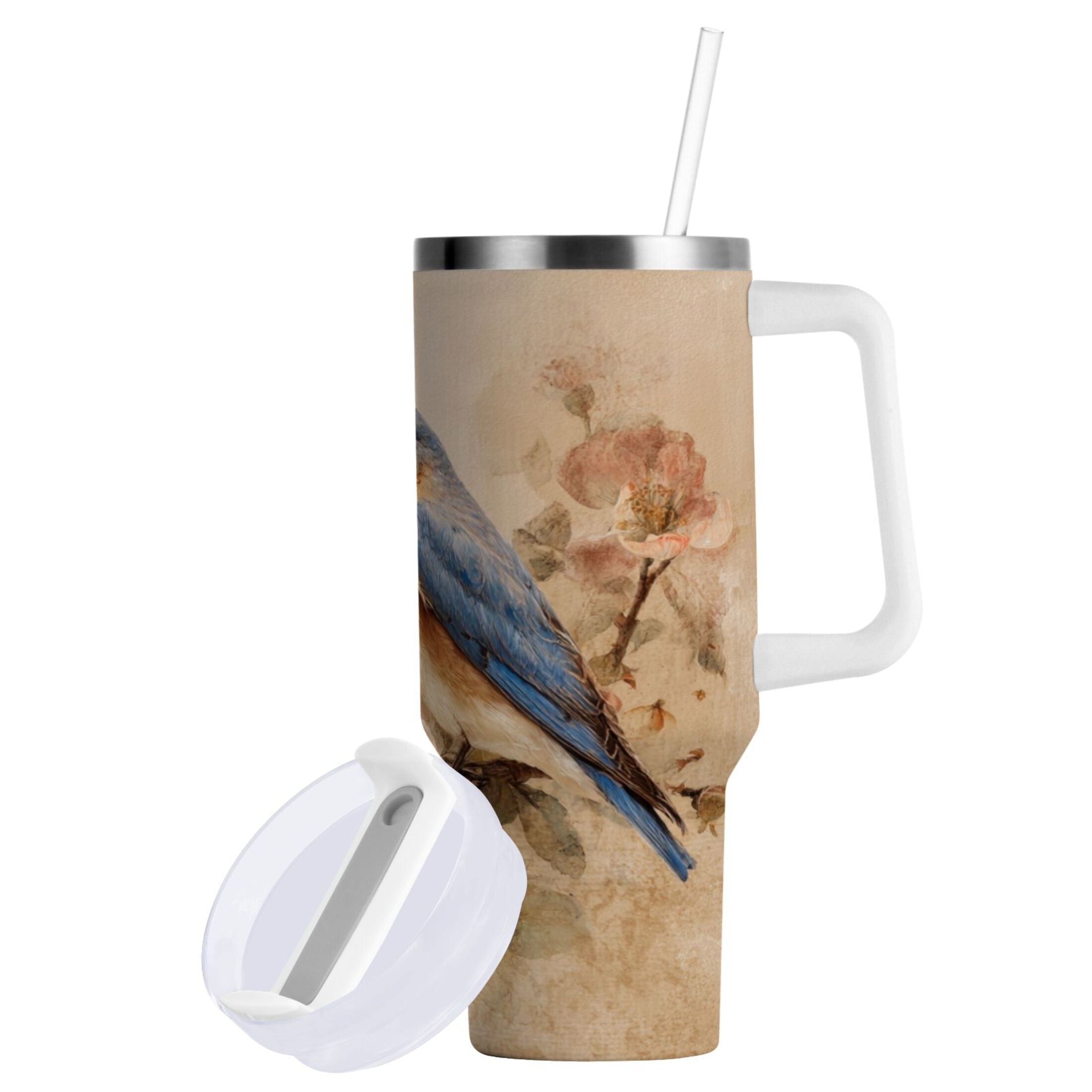 40 oz Insulated Stainless Steel Tumbler Double Wall Stainless Steel Tumbler with 2-Way Drinking Bluebird and Ancient Flowers - FNFM