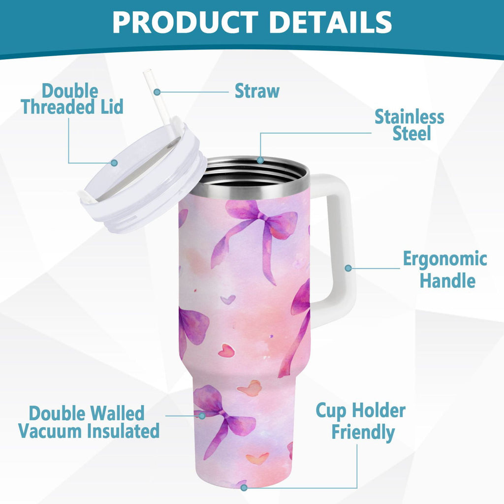 30 oz Insulated Stainless Steel Tumbler Double Wall Stainless Steel Tumbler with 2-Way Drinking Watercolor Purple Bows - X6M9