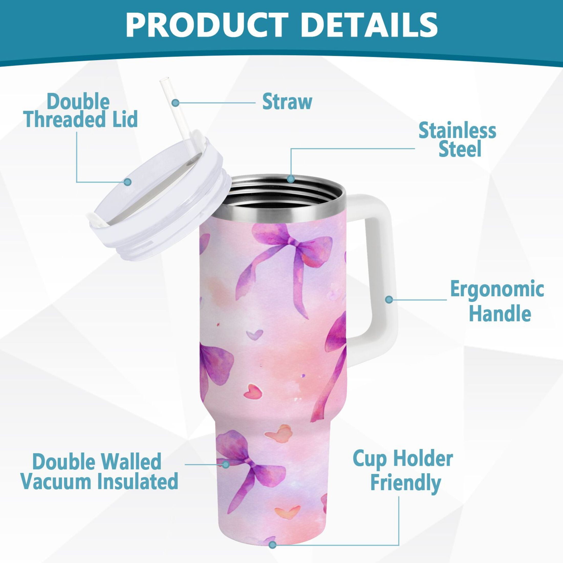 30 oz Insulated Stainless Steel Tumbler Double Wall Stainless Steel Tumbler with 2-Way Drinking Watercolor Purple Bows - X6M9