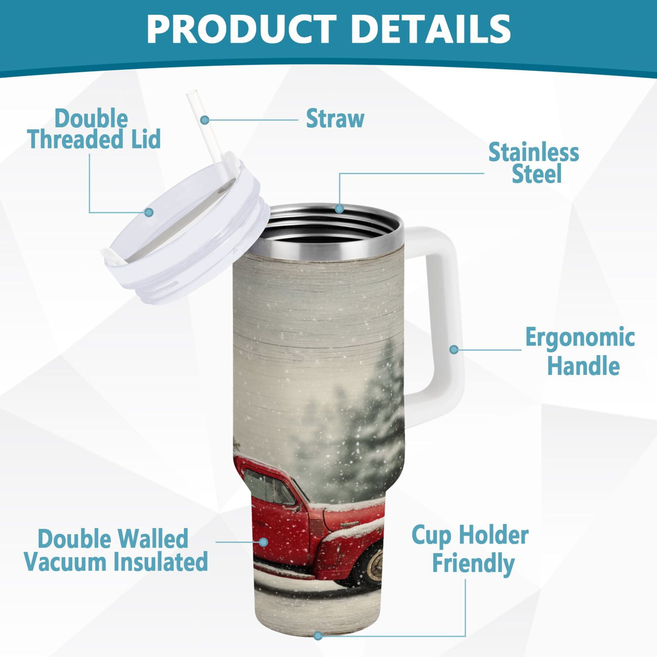 40 oz Insulated Stainless Steel Tumbler Double Wall Stainless Steel Tumbler with 2-Way Drinking Vintage Red Truck - RHPN