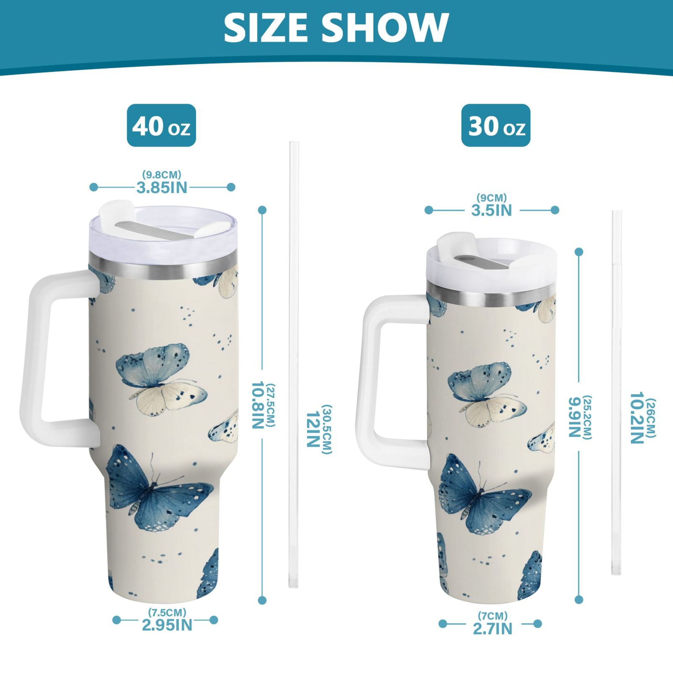 30 oz Insulated Stainless Steel Tumbler Double Wall Stainless Steel Tumbler with 2-Way Drinking Blue Watercolor Butterflies - 295Q
