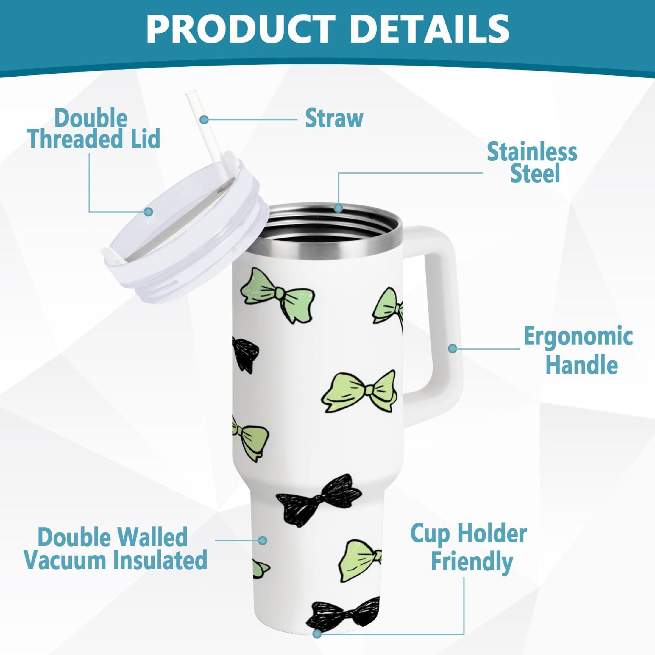 40 oz Insulated Stainless Steel Tumbler Double Wall Stainless Steel Tumbler with 2-Way Drinking Green and Black Bows - 99W2