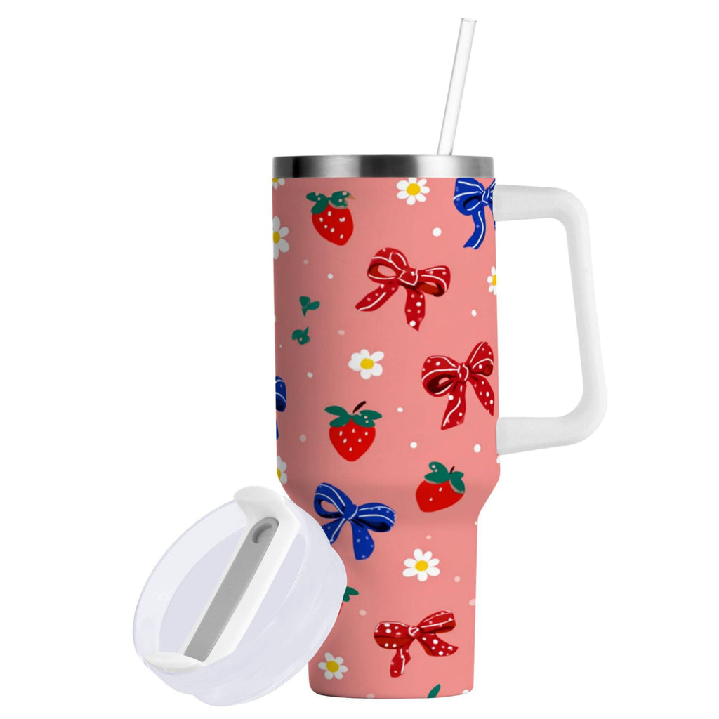 40 oz Insulated Stainless Steel Tumbler Double Wall Stainless Steel Tumbler with 2-Way Drinking Bows and Strawberries Pattern - TN3K