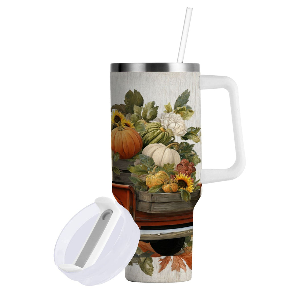 40 oz Insulated Stainless Steel Tumbler Double Wall Stainless Steel Tumbler with 2-Way Drinking Truck Full Of Pumpkins - 5EM8