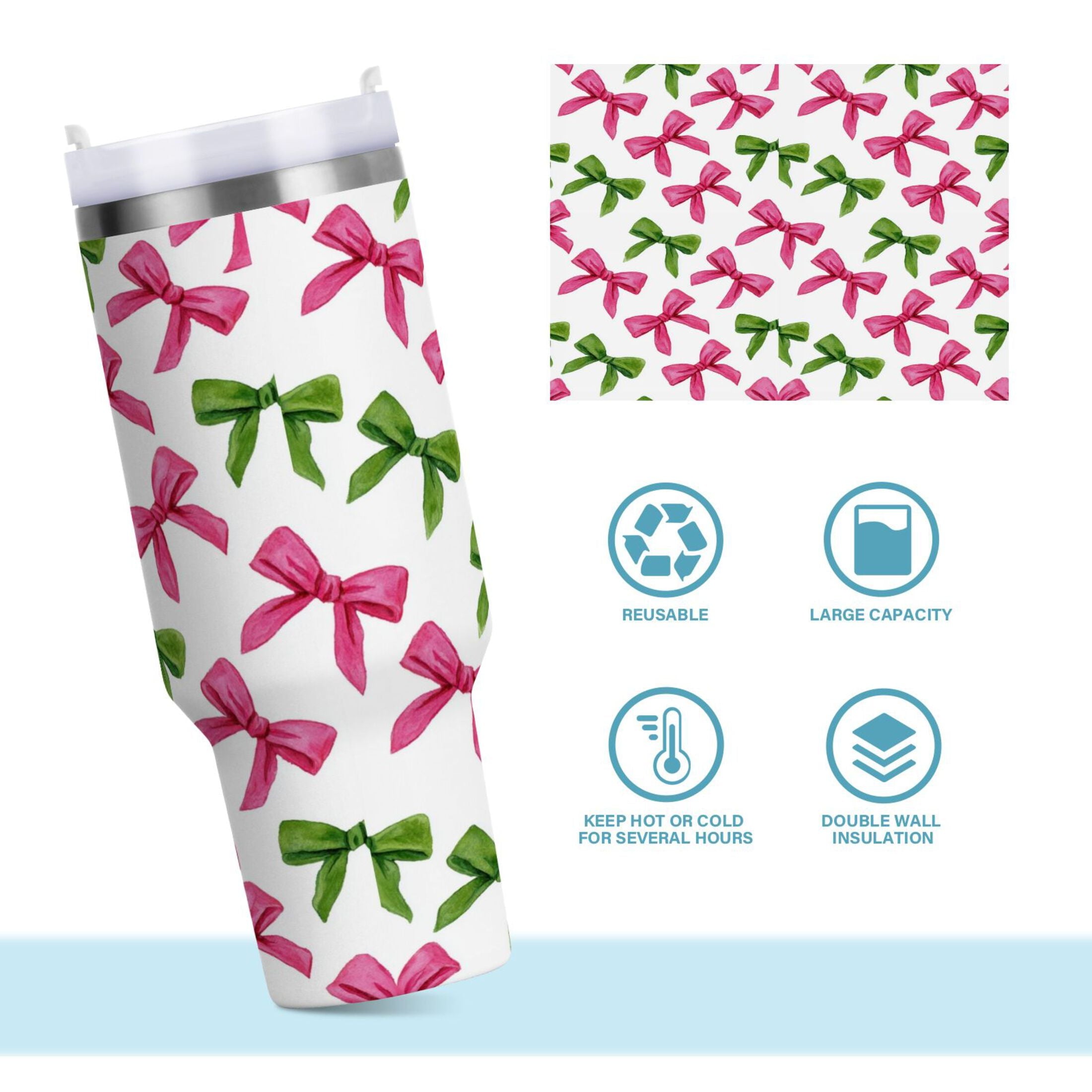 30 oz Insulated Stainless Steel Tumbler Double Wall Stainless Steel Tumbler with 2-Way Drinking Pink Bows and Green Ribbons - SUSJ