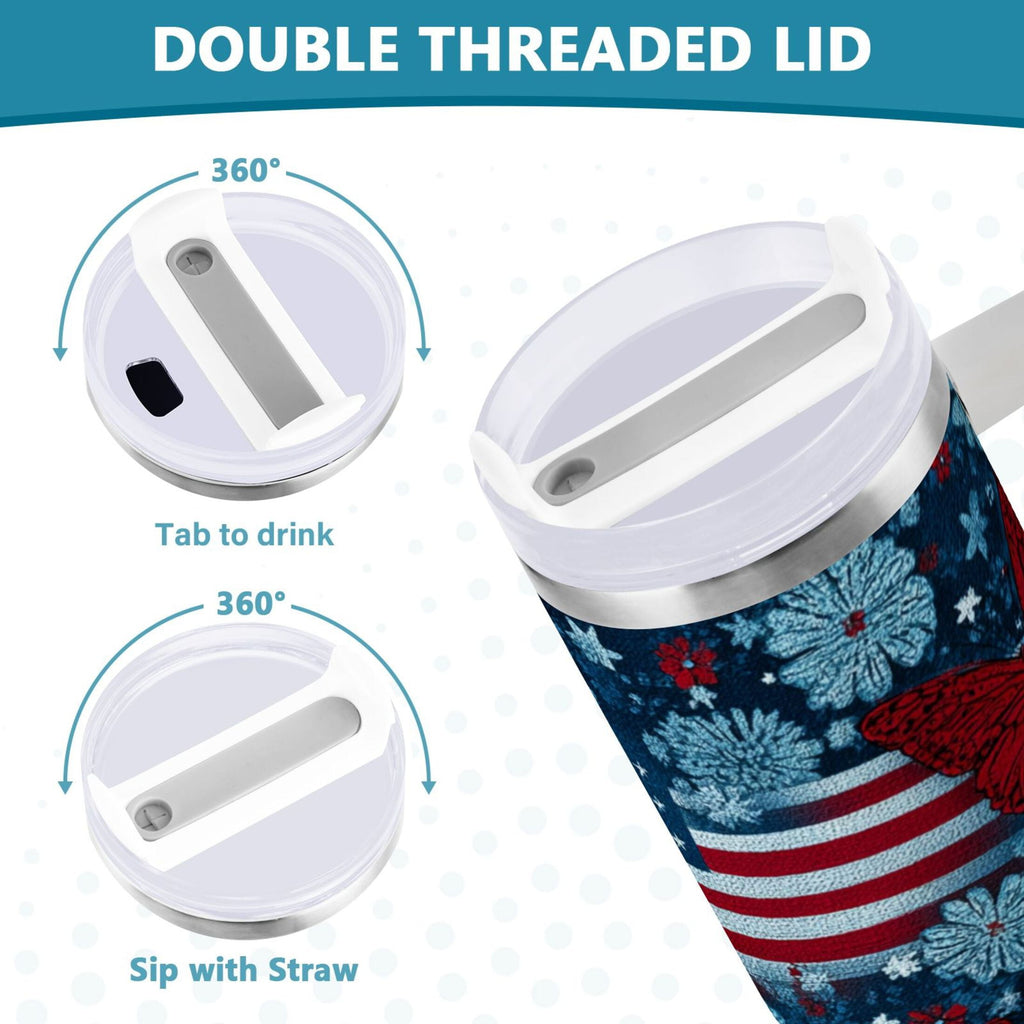 30 oz Insulated Stainless Steel Tumbler Double Wall Stainless Steel Tumbler with 2-Way Drinking Red Butterflies and Flags - TXBH