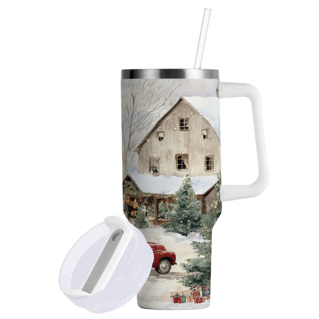 40 oz Insulated Stainless Steel Tumbler Double Wall Stainless Steel Tumbler with 2-Way Drinking Farm Snow Scene - 7ZPX