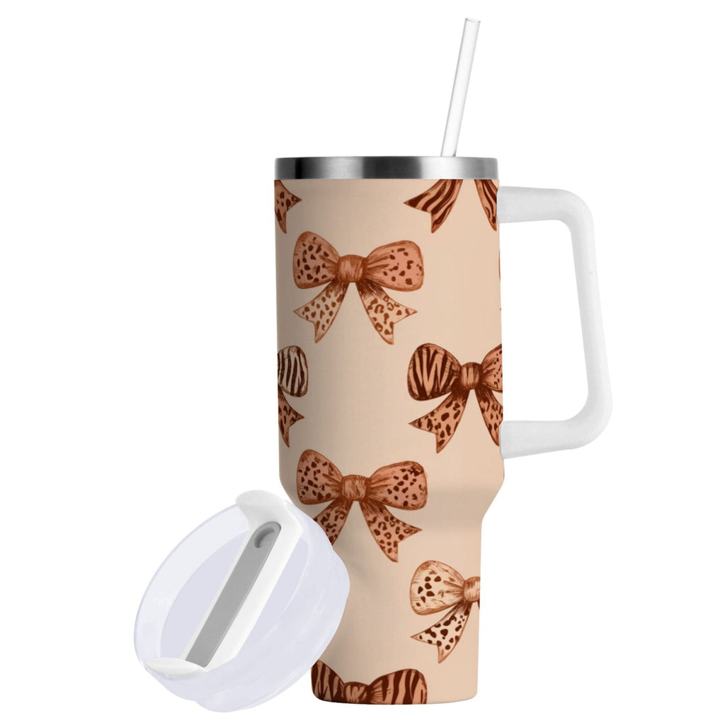 40 oz Insulated Stainless Steel Tumbler Double Wall Stainless Steel Tumbler with 2-Way Drinking Leopard Print Bow - D59H