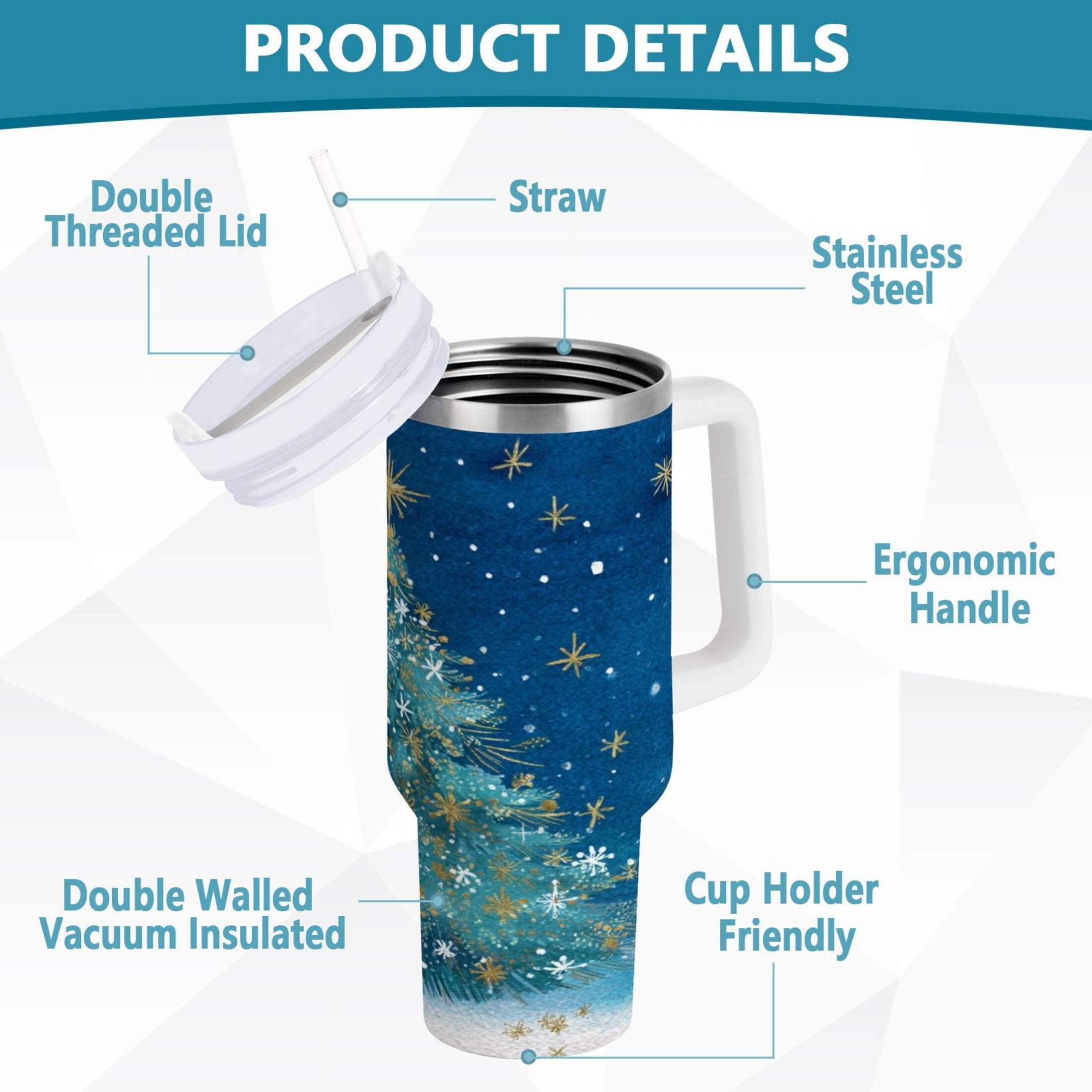 40 oz Insulated Stainless Steel Tumbler Double Wall Stainless Steel Tumbler with 2-Way Drinking Watercolor Christmas Tree - DCFT