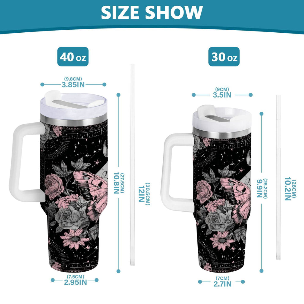30 oz Insulated Stainless Steel Tumbler Double Wall Stainless Steel Tumbler with 2-Way Drinking Butterfly by Moon and Flowers - 2MDV