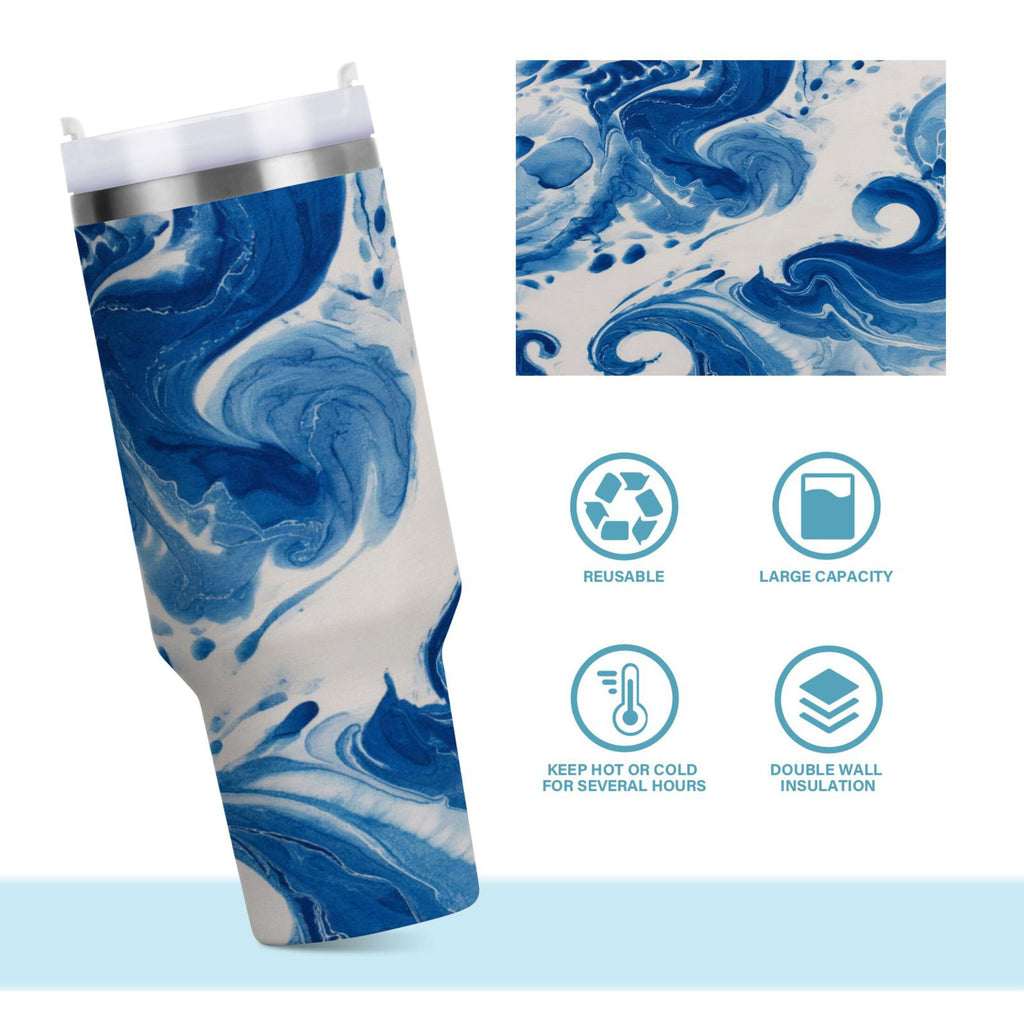 40 oz Insulated Stainless Steel Tumbler Double Wall Stainless Steel Tumbler with 2-Way Drinking Indigo Blue Tie-dye Pattern - NZVK