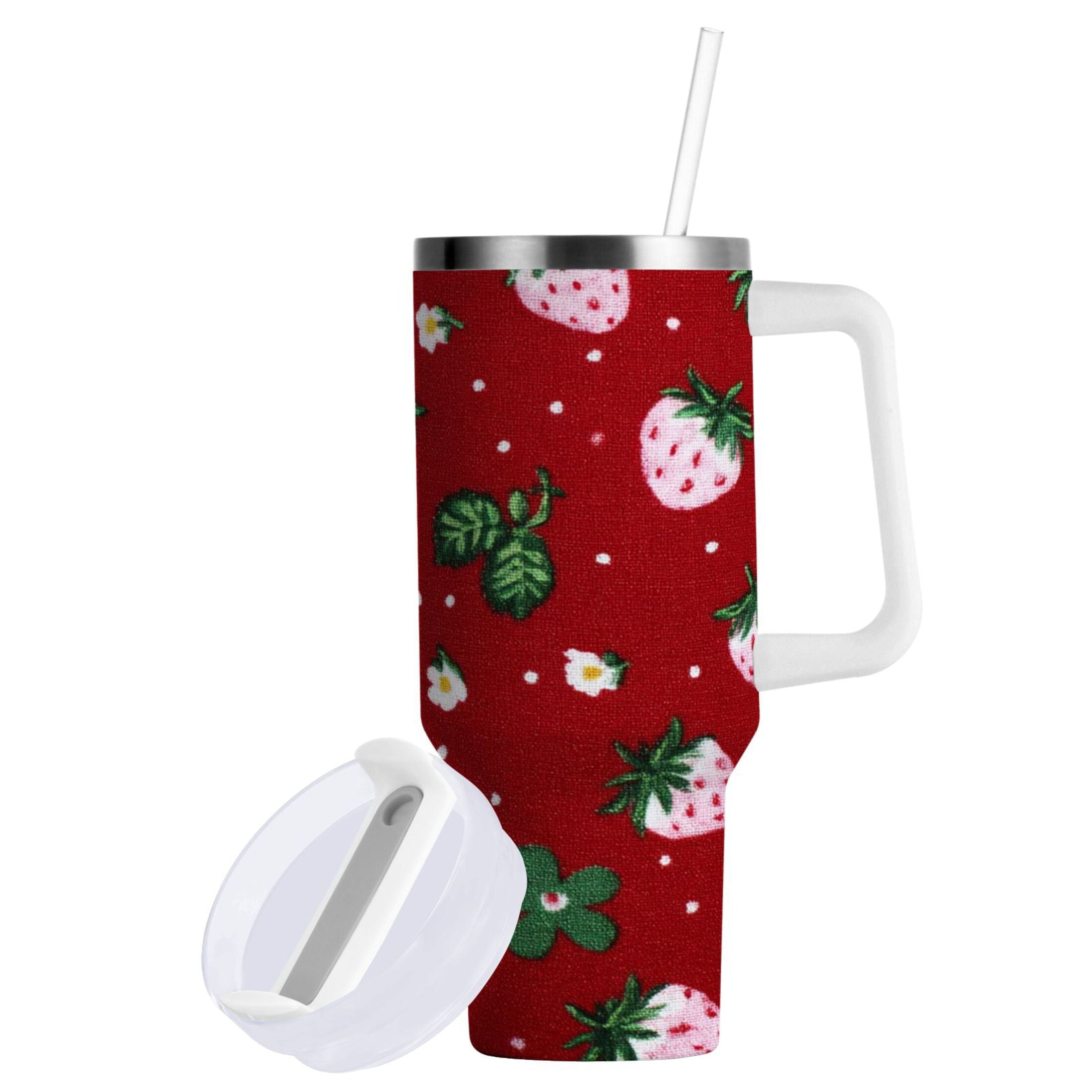 30 oz Insulated Stainless Steel Tumbler Double Wall Stainless Steel Tumbler with 2-Way Drinking Cute Pink Strawberry Pattern - L6WF