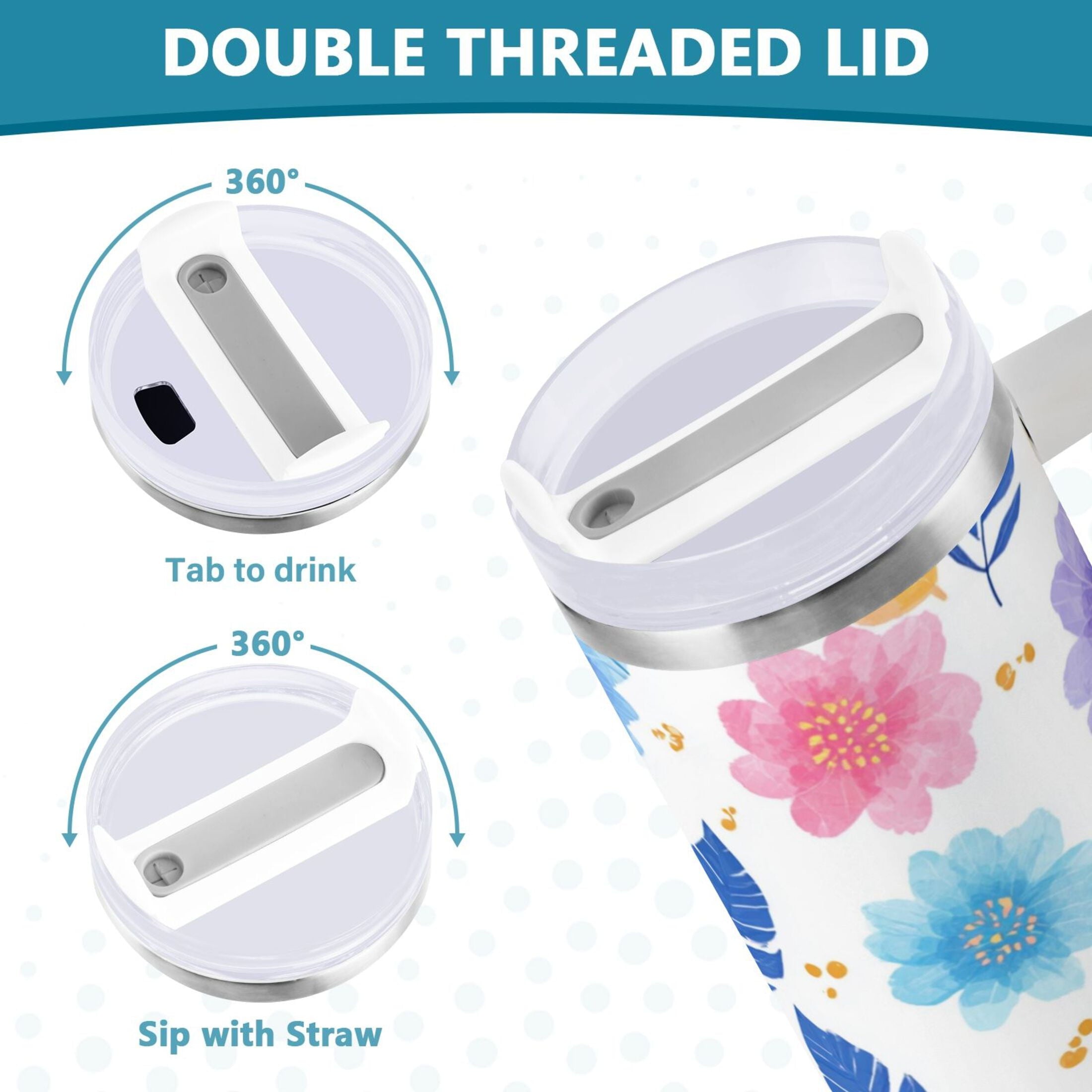 30 oz Insulated Stainless Steel Tumbler Double Wall Stainless Steel Tumbler with 2-Way Drinking Blue and Purple Flowers - 88C4
