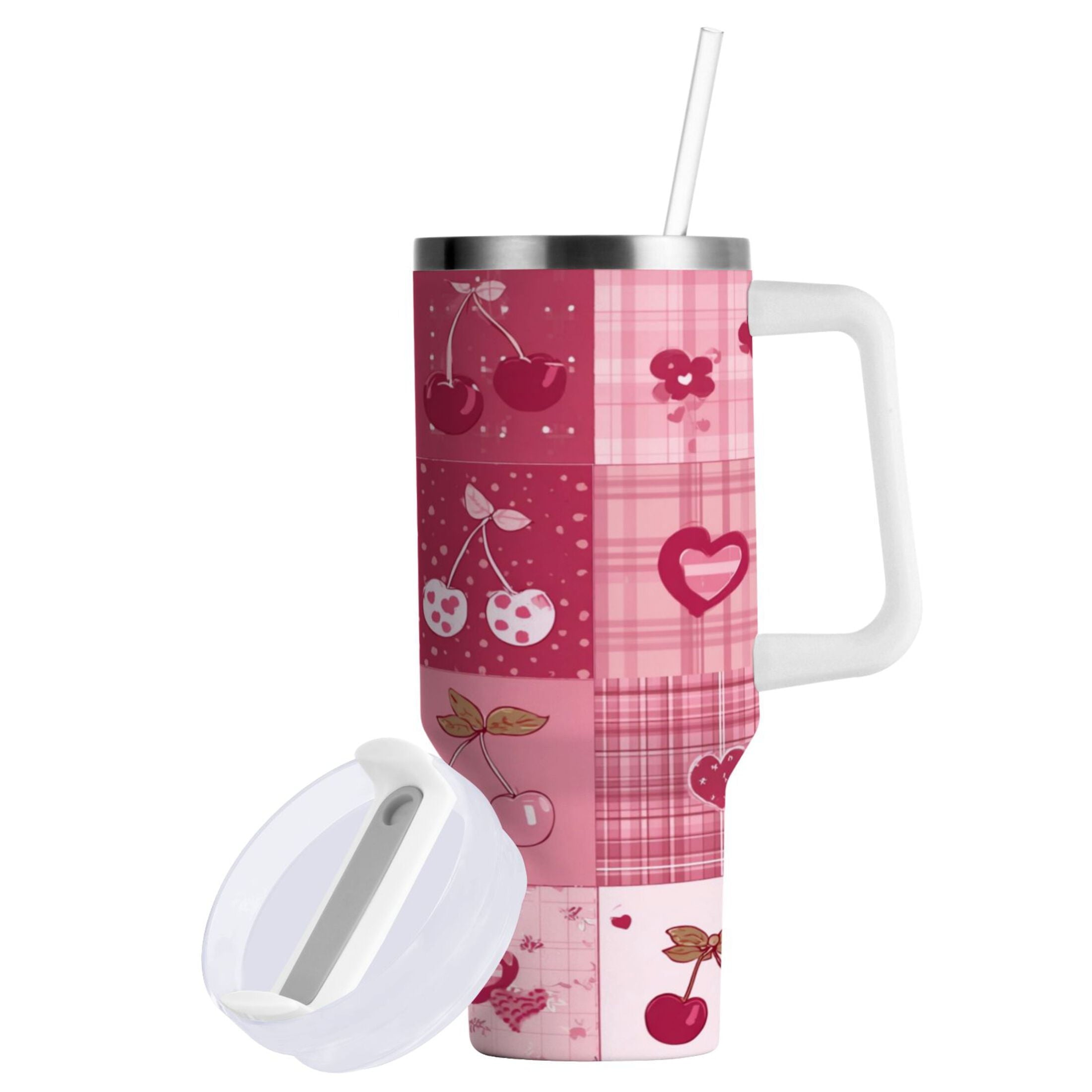 30 oz Insulated Stainless Steel Tumbler Double Wall Stainless Steel Tumbler with 2-Way Drinking Cherry Pattern with Bows - X9YM