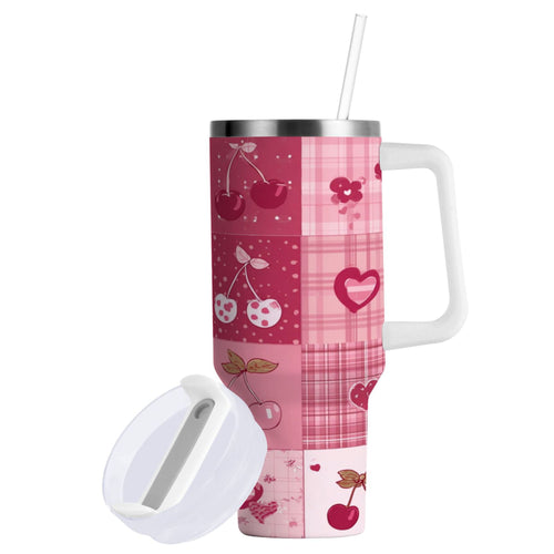 30 oz Insulated Stainless Steel Tumbler Double Wall Stainless Steel Tumbler with 2-Way Drinking Cherry Pattern with Bows - X9YM