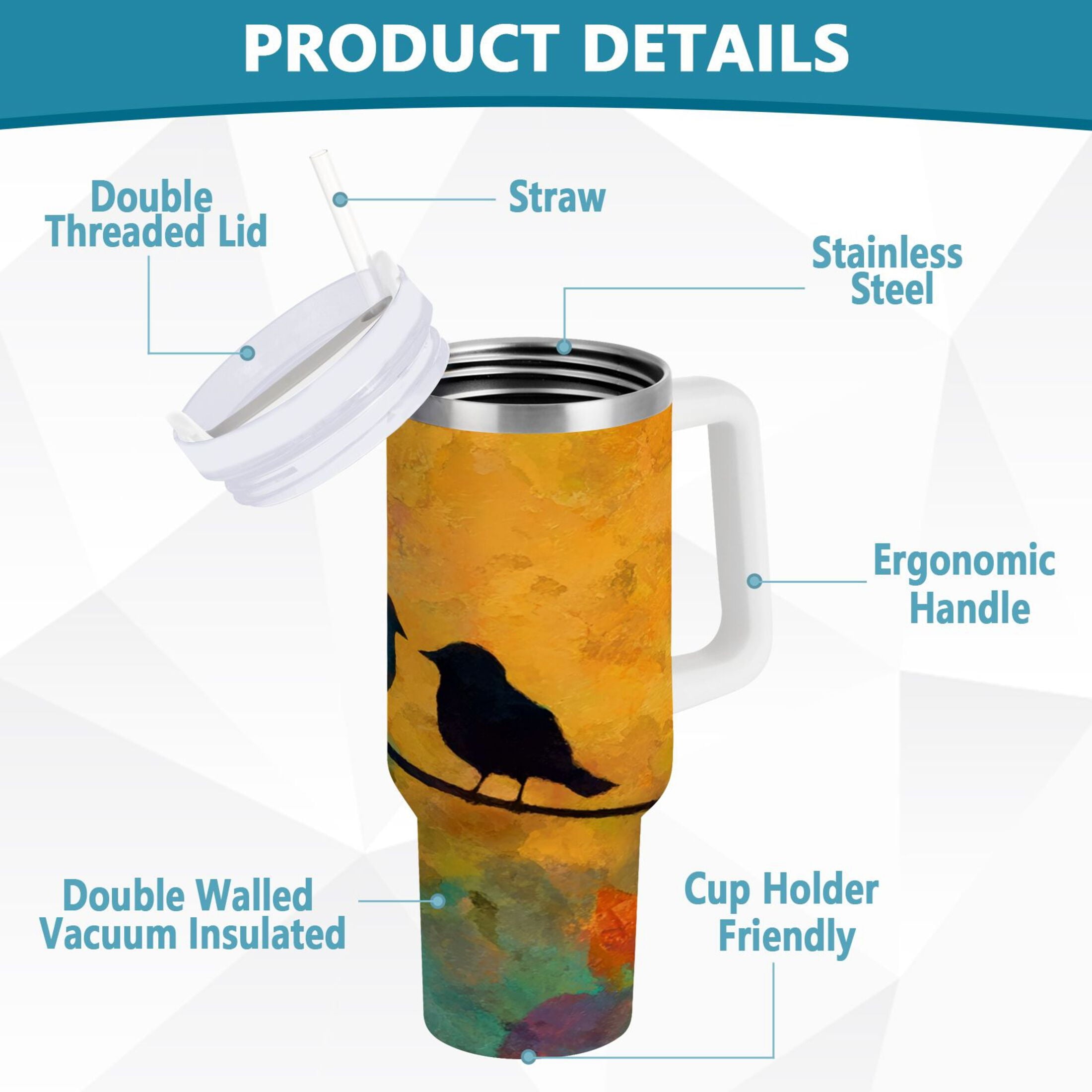 30 oz Insulated Stainless Steel Tumbler Double Wall Stainless Steel Tumbler with 2-Way Drinking Birds on A Wire - 5SJ2