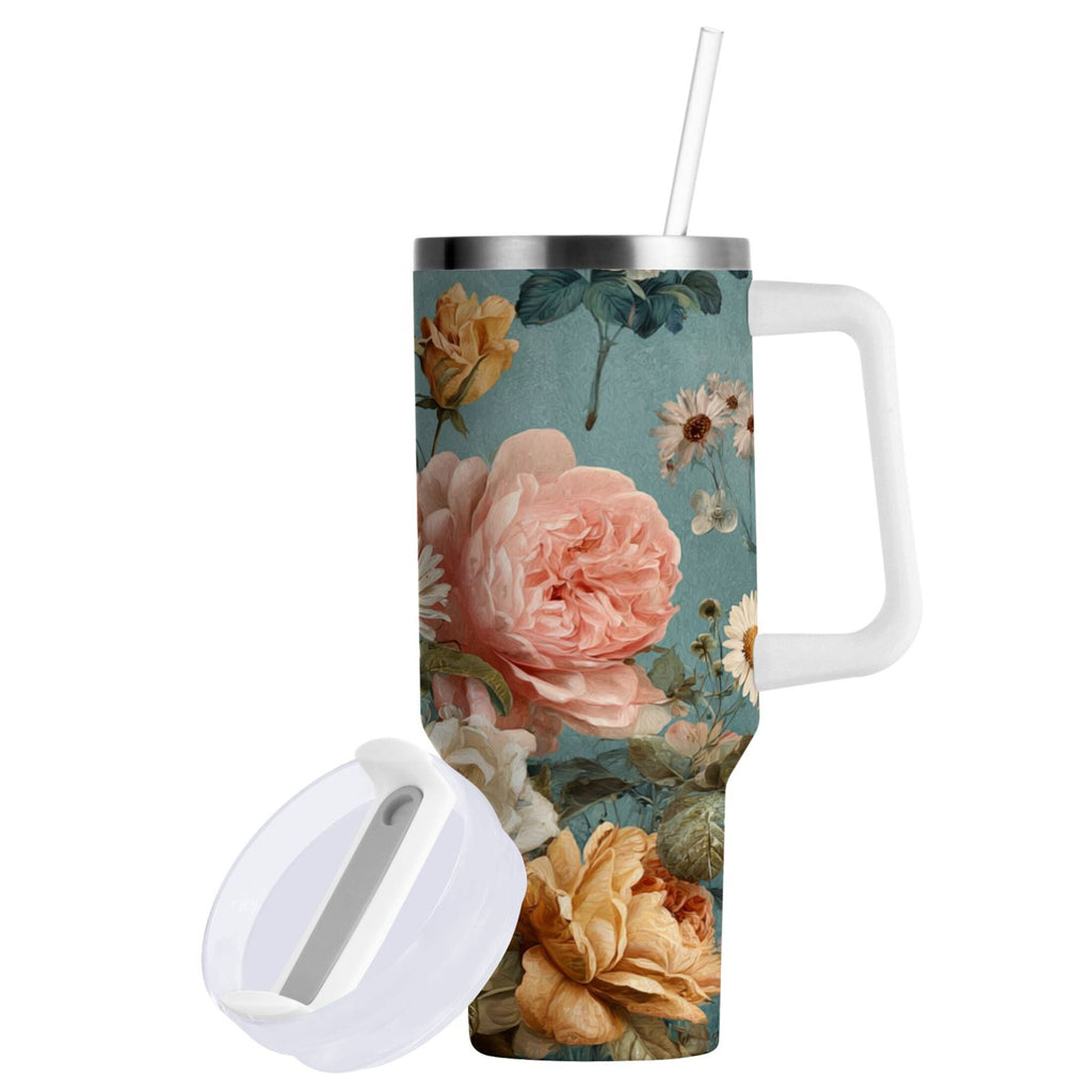 30 oz Insulated Stainless Steel Tumbler Double Wall Stainless Steel Tumbler with 2-Way Drinking Vintage Roses and Peonies - VM94