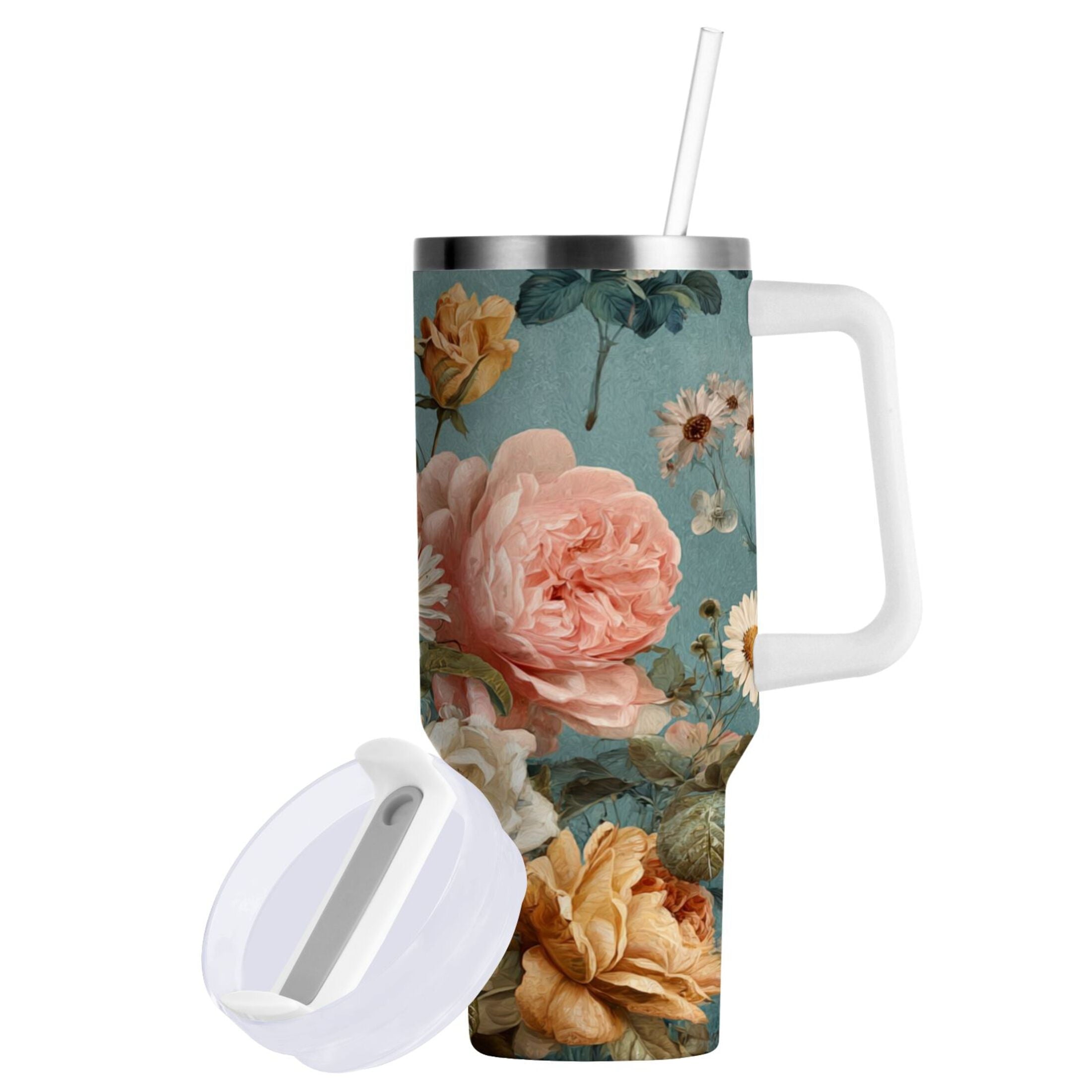 30 oz Insulated Stainless Steel Tumbler Double Wall Stainless Steel Tumbler with 2-Way Drinking Vintage Roses and Peonies - VM94